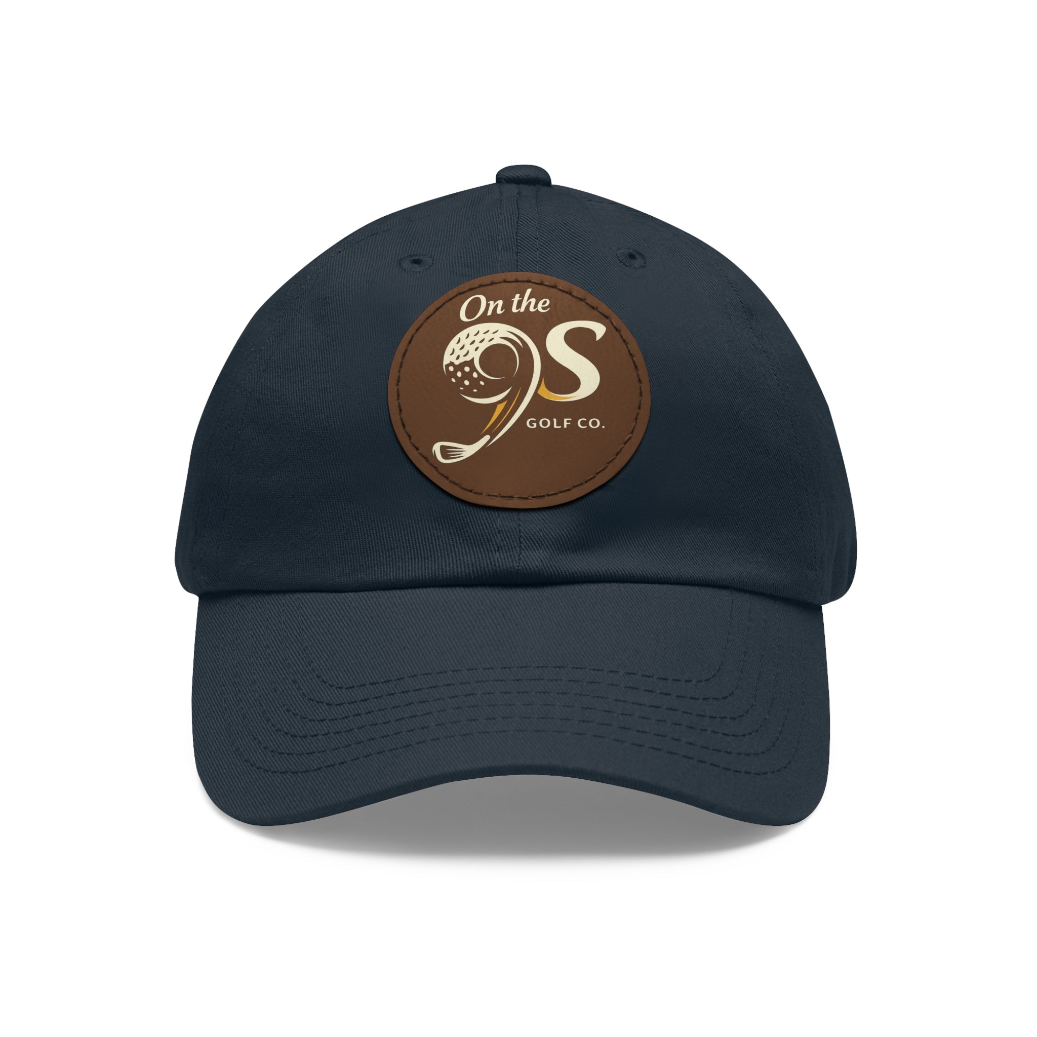 Golf Dad Hat with Round Leather Patch — "On the 9s" Vintage Golf Logo