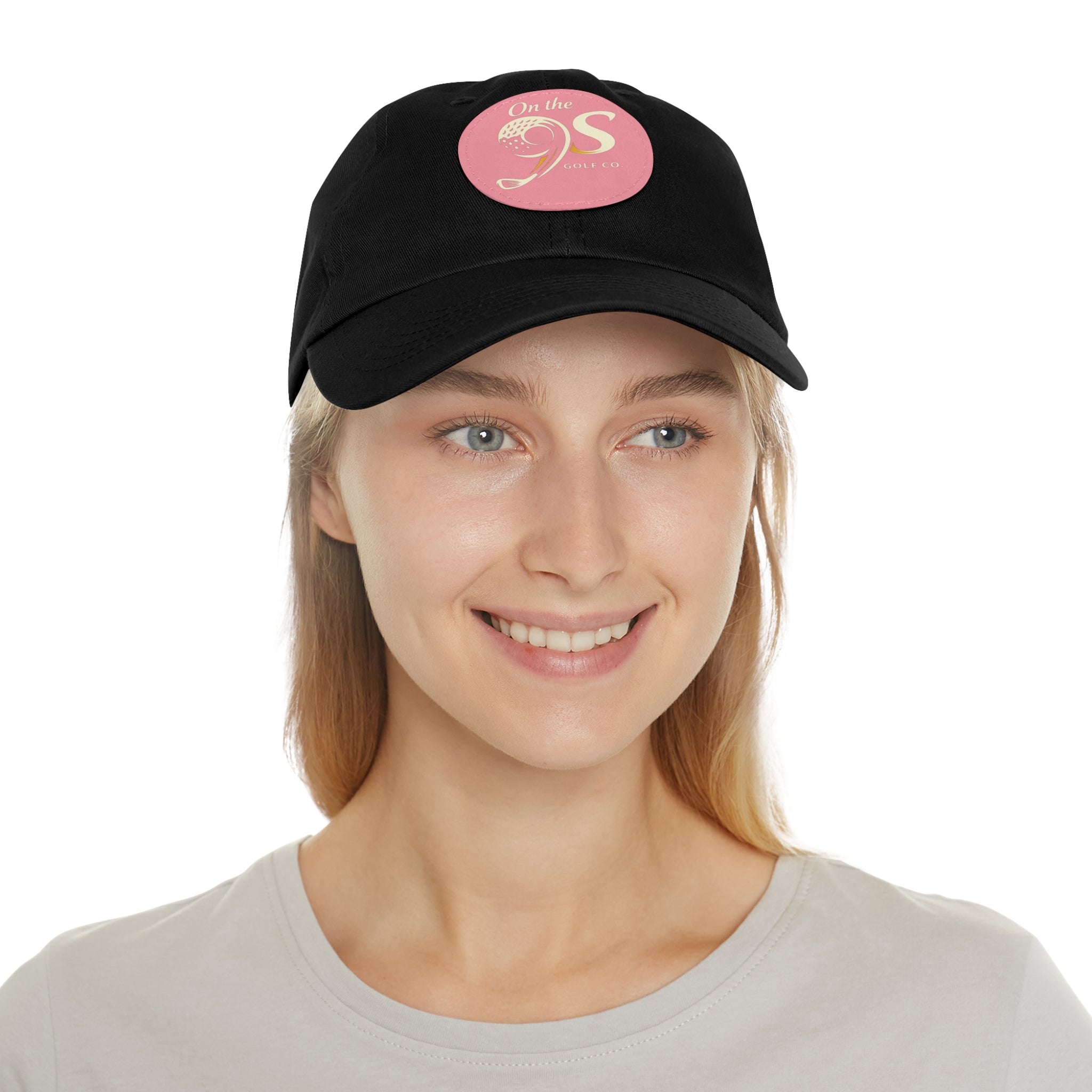 Golf Dad Hat with Round Leather Patch — "On the 9s" Vintage Golf Logo
