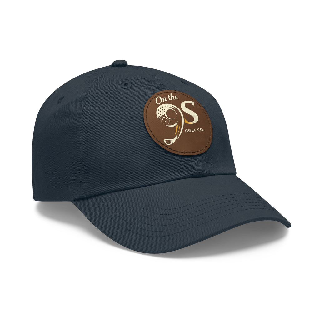 Golf Dad Hat with Round Leather Patch — "On the 9s" Vintage Golf Logo
