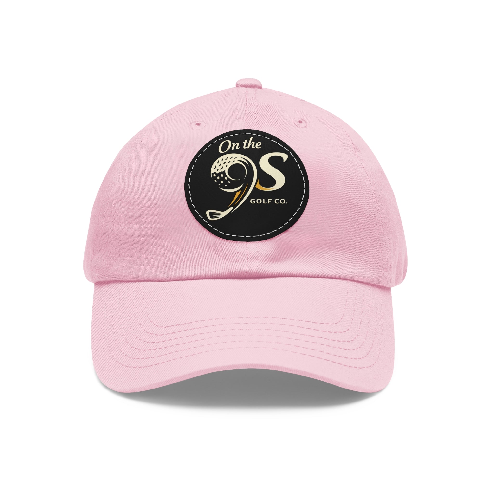 Golf Dad Hat with Round Leather Patch — "On the 9s" Vintage Golf Logo