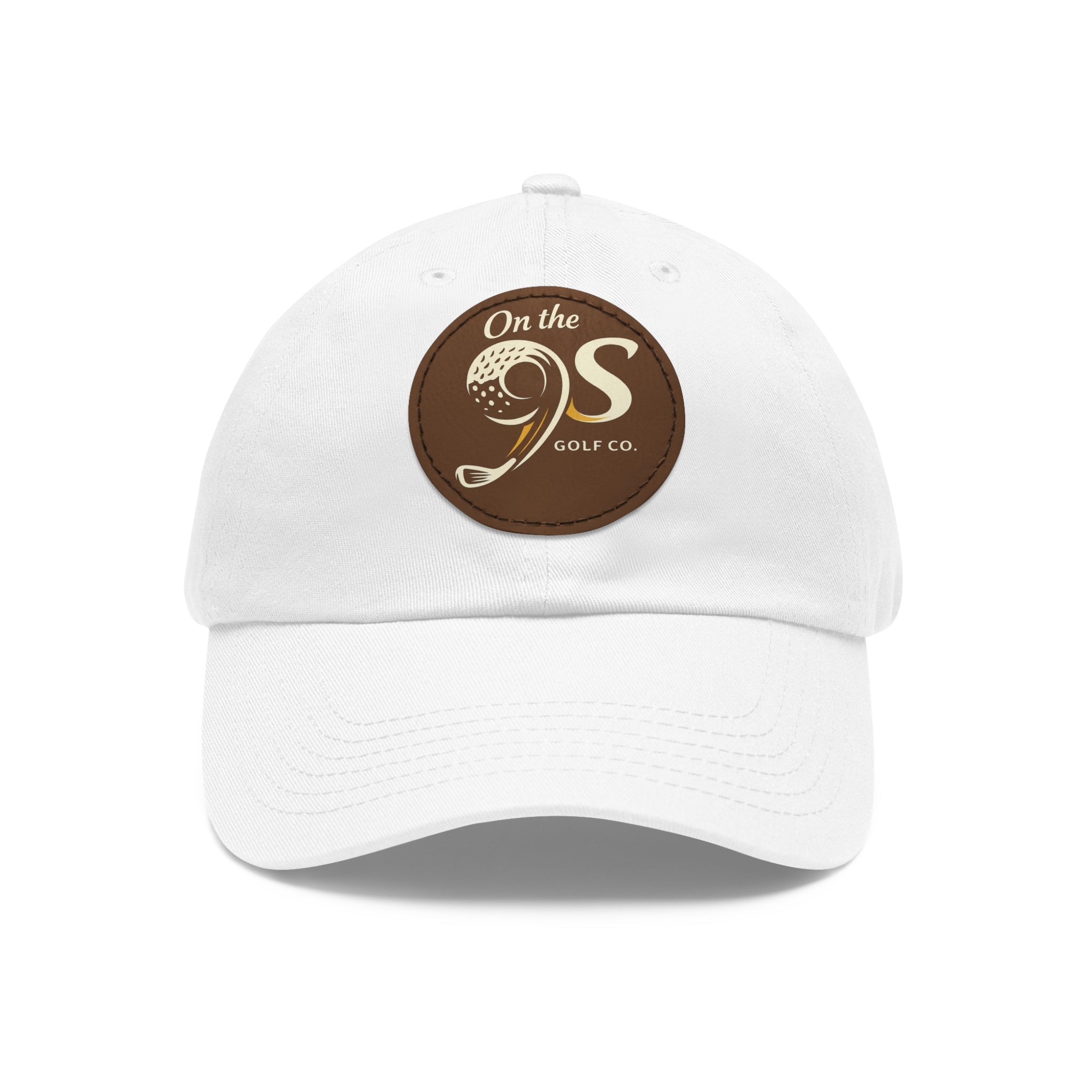 Golf Dad Hat with Round Leather Patch — "On the 9s" Vintage Golf Logo