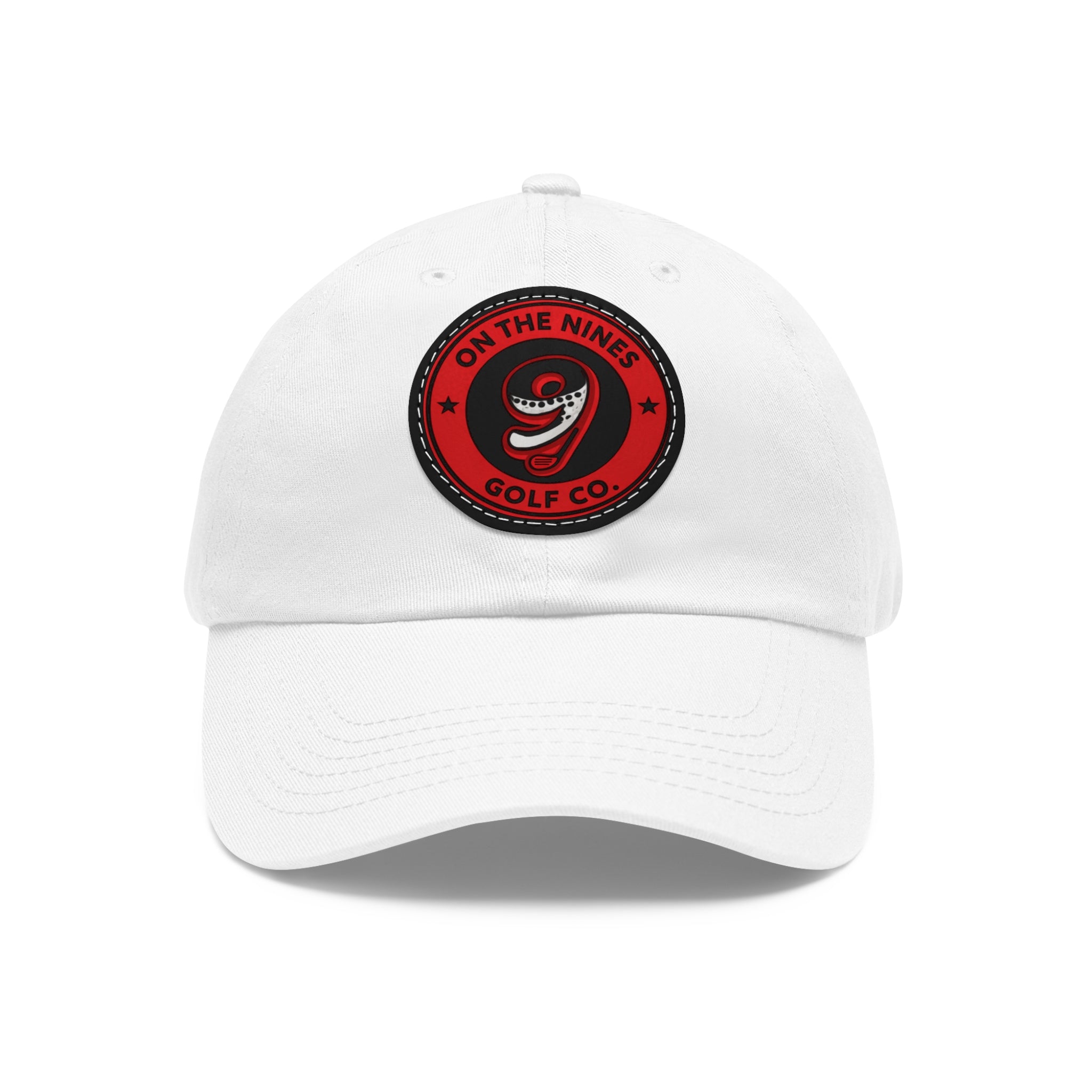Golf Dad Hat with Red Leather Patch — "On The Nines" Logo Cap