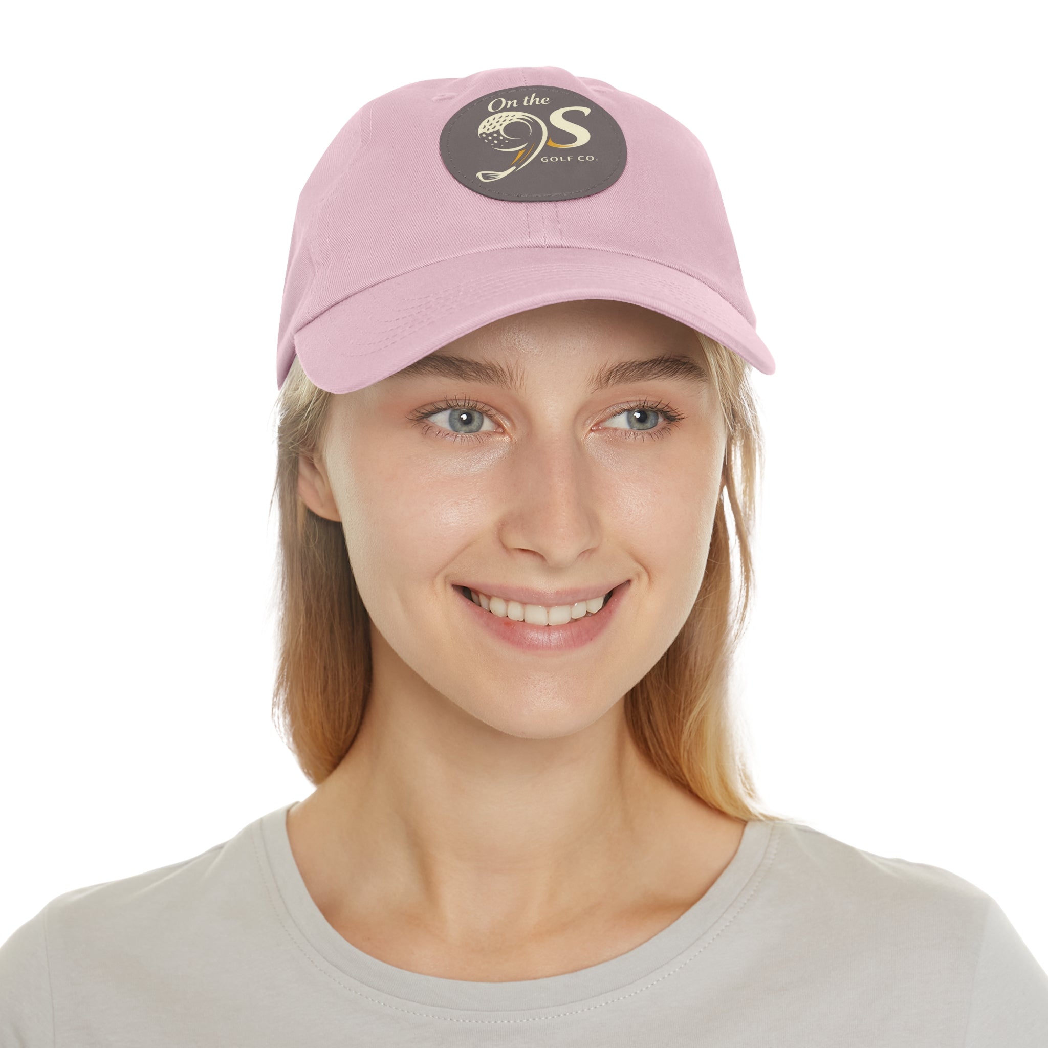 Golf Dad Hat with Round Leather Patch — "On the 9s" Vintage Golf Logo