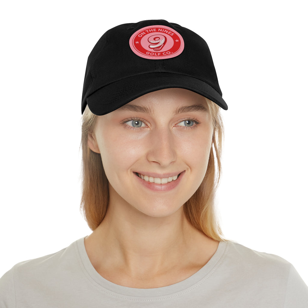 Golf Dad Hat with Red Leather Patch — "On The Nines" Logo Cap