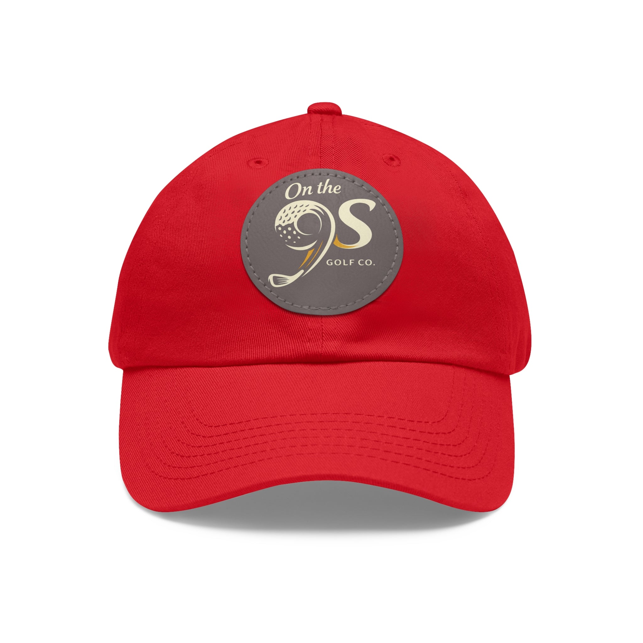 Golf Dad Hat with Round Leather Patch — "On the 9s" Vintage Golf Logo