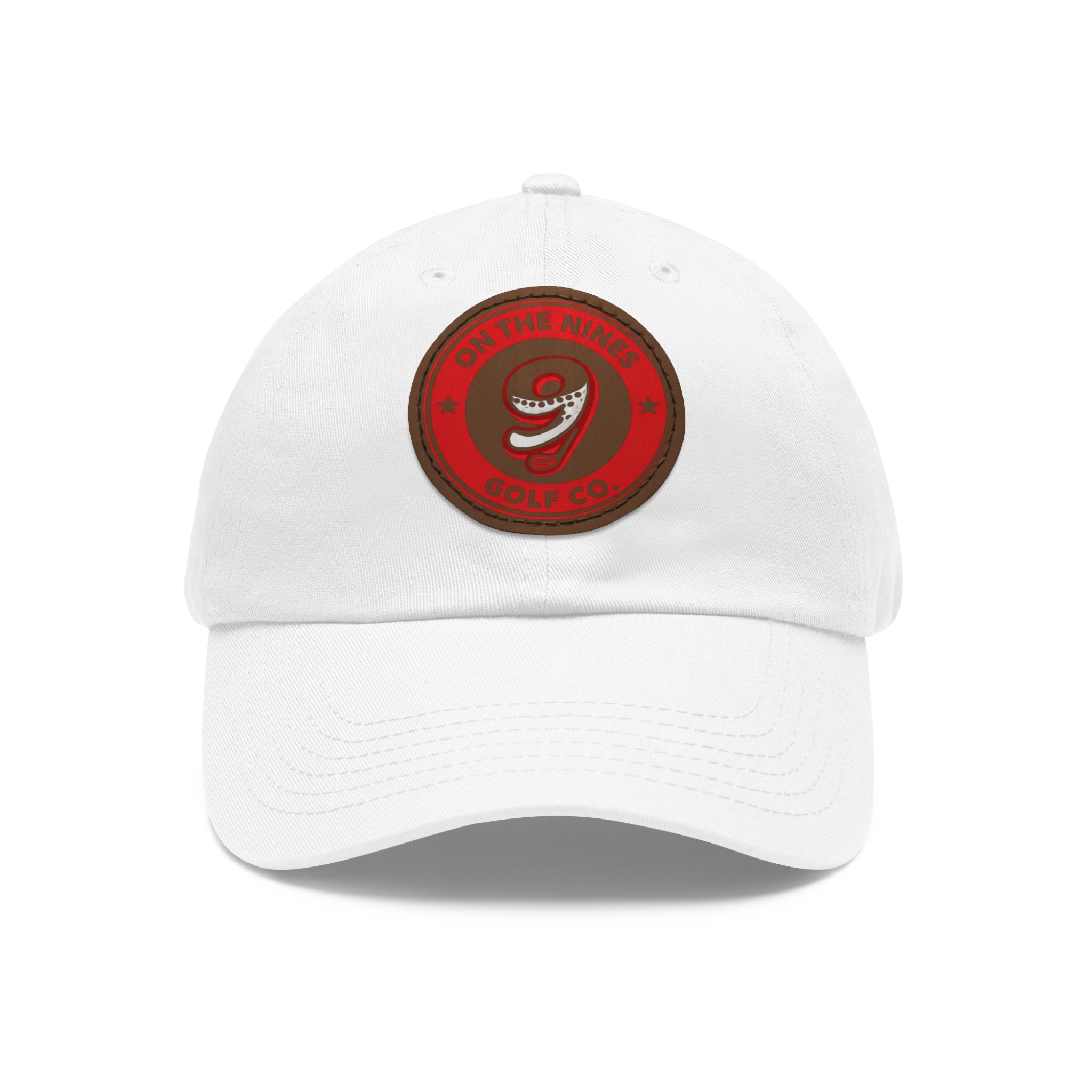 Golf Dad Hat with Red Leather Patch — "On The Nines" Logo Cap