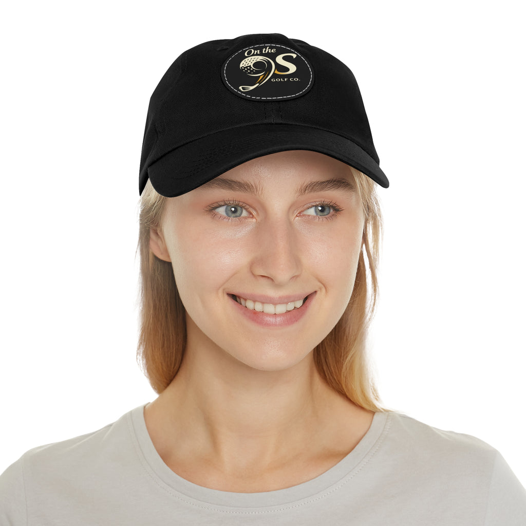 Golf Dad Hat with Round Leather Patch — "On the 9s" Vintage Golf Logo