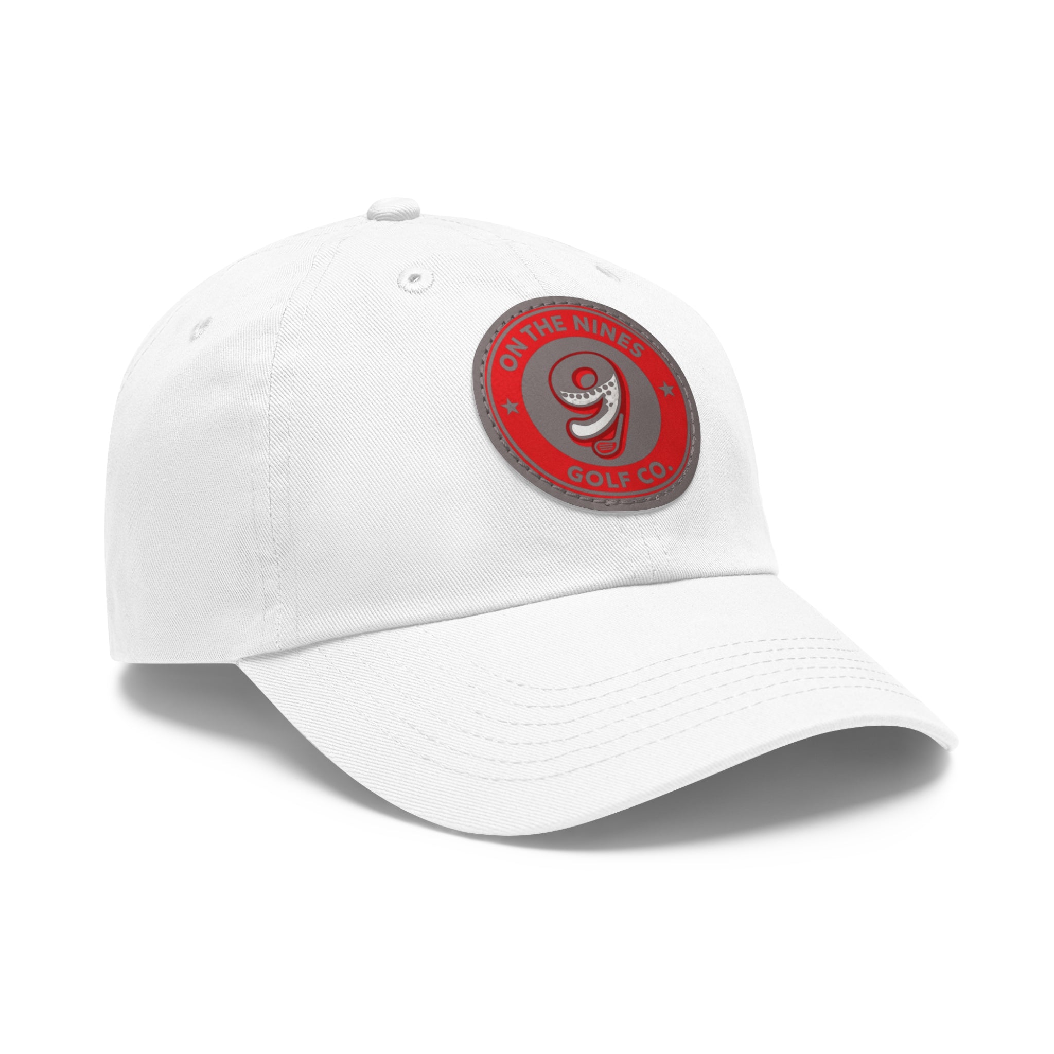 Golf Dad Hat with Red Leather Patch — "On The Nines" Logo Cap