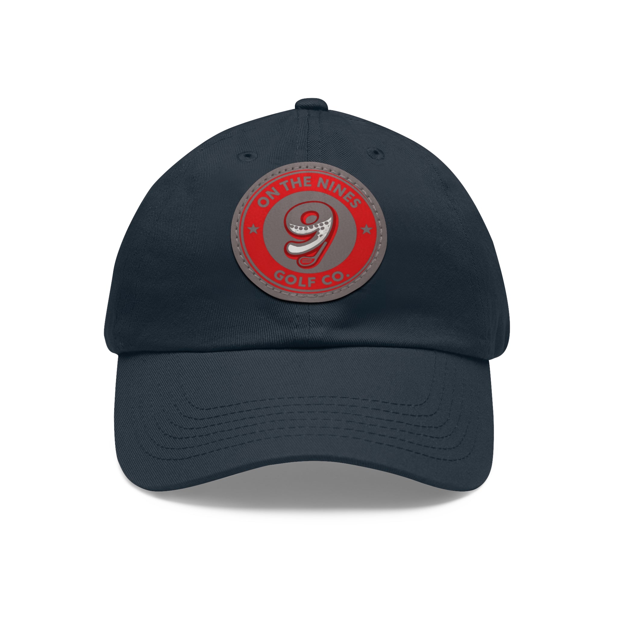 Golf Dad Hat with Red Leather Patch — "On The Nines" Logo Cap