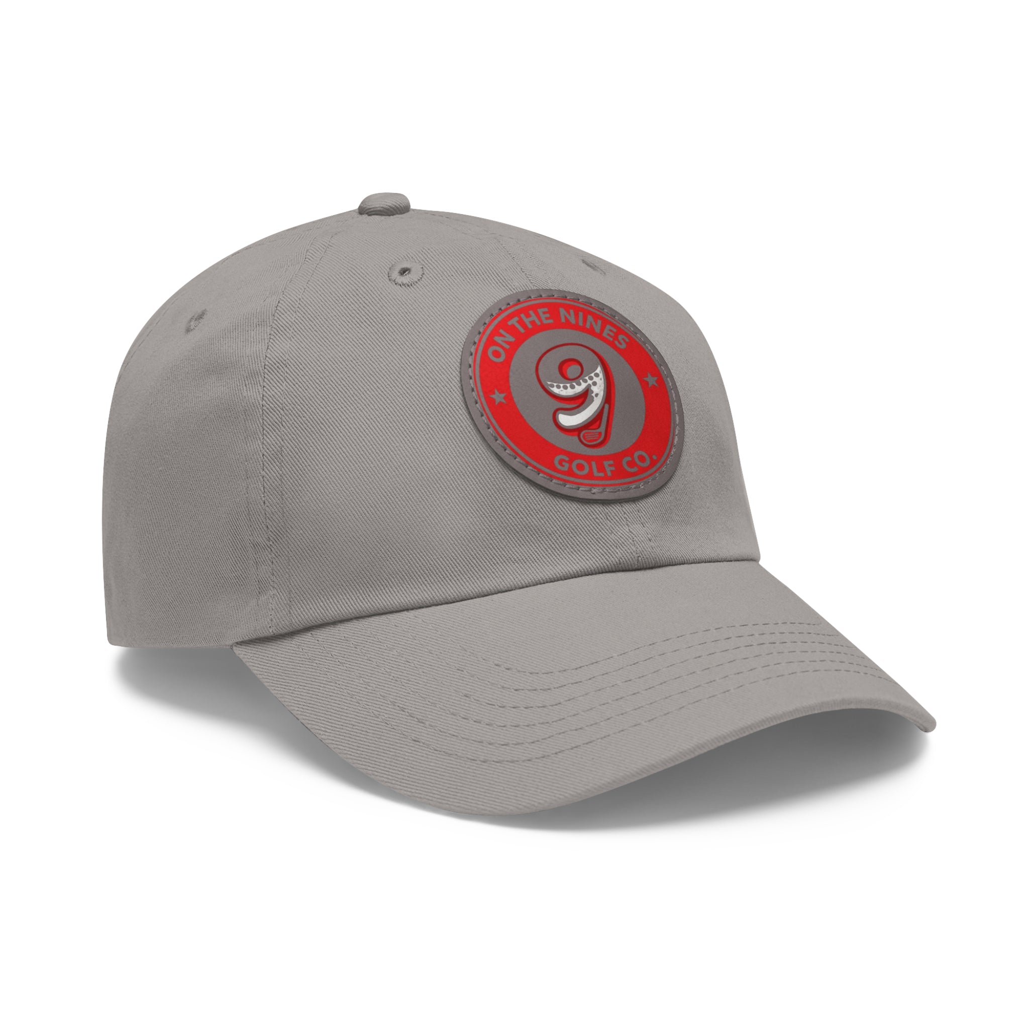 Golf Dad Hat with Red Leather Patch — "On The Nines" Logo Cap