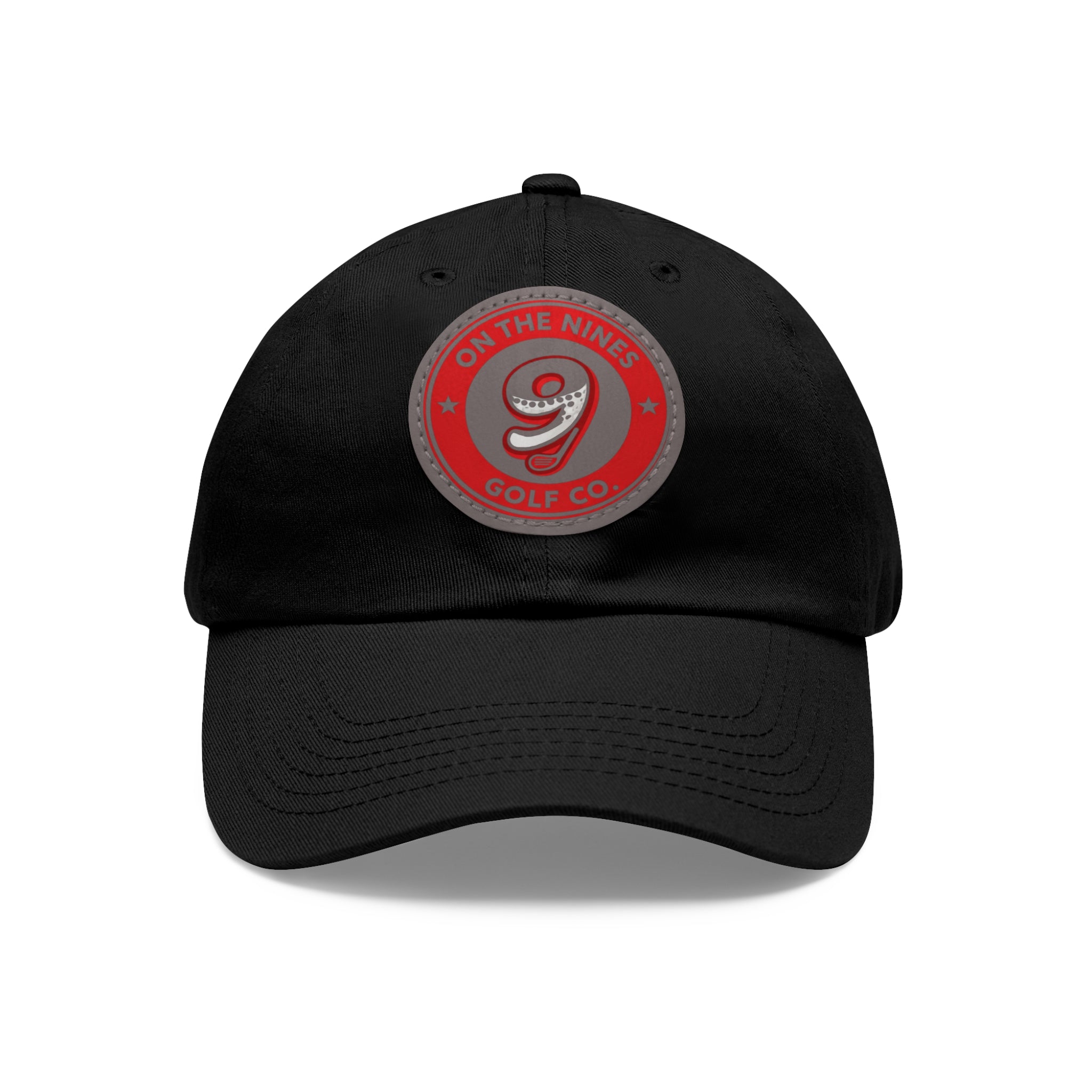 Golf Dad Hat with Red Leather Patch — "On The Nines" Logo Cap