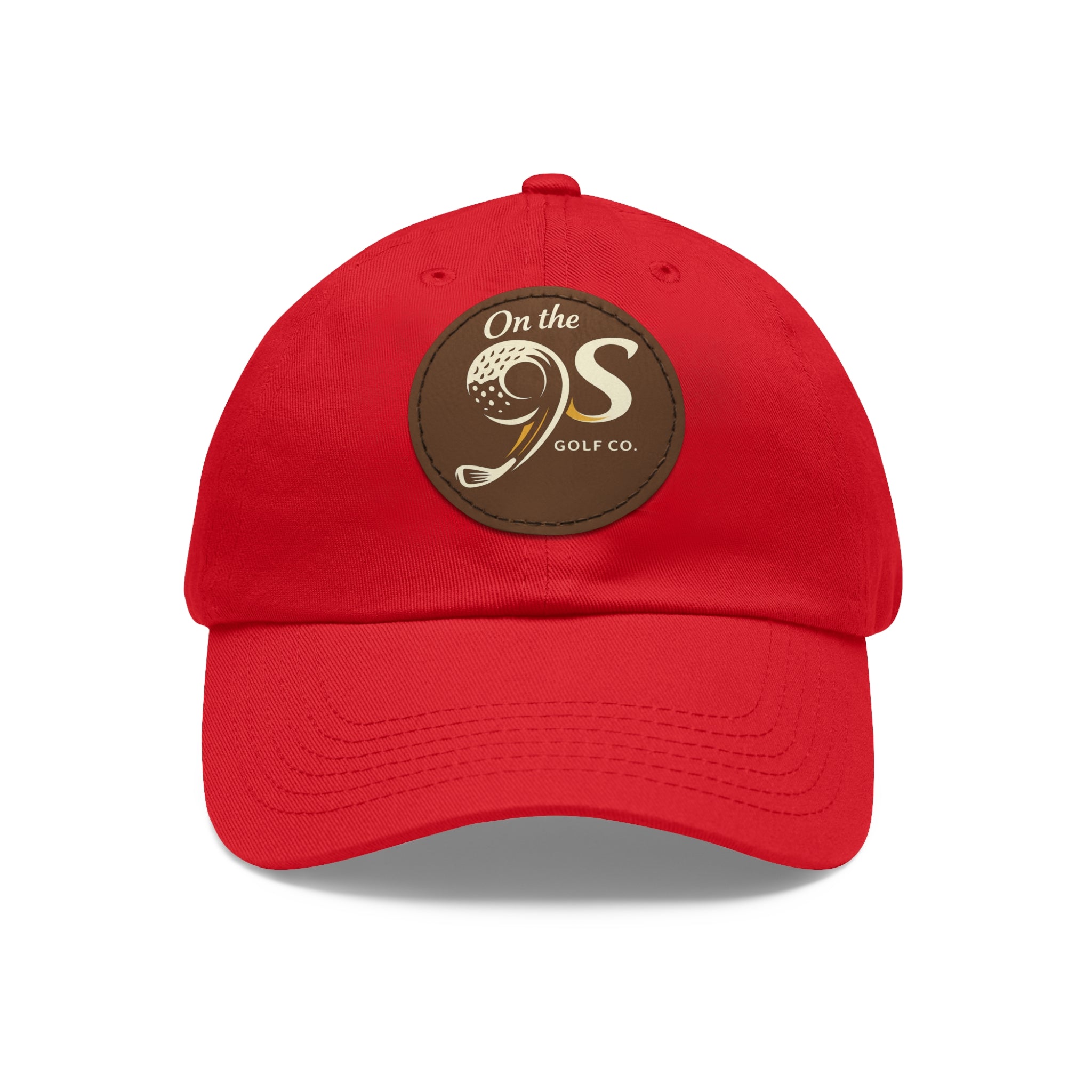 Golf Dad Hat with Round Leather Patch — "On the 9s" Vintage Golf Logo