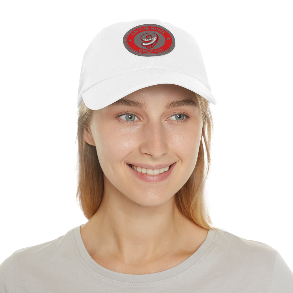 Golf Dad Hat with Red Leather Patch — "On The Nines" Logo Cap