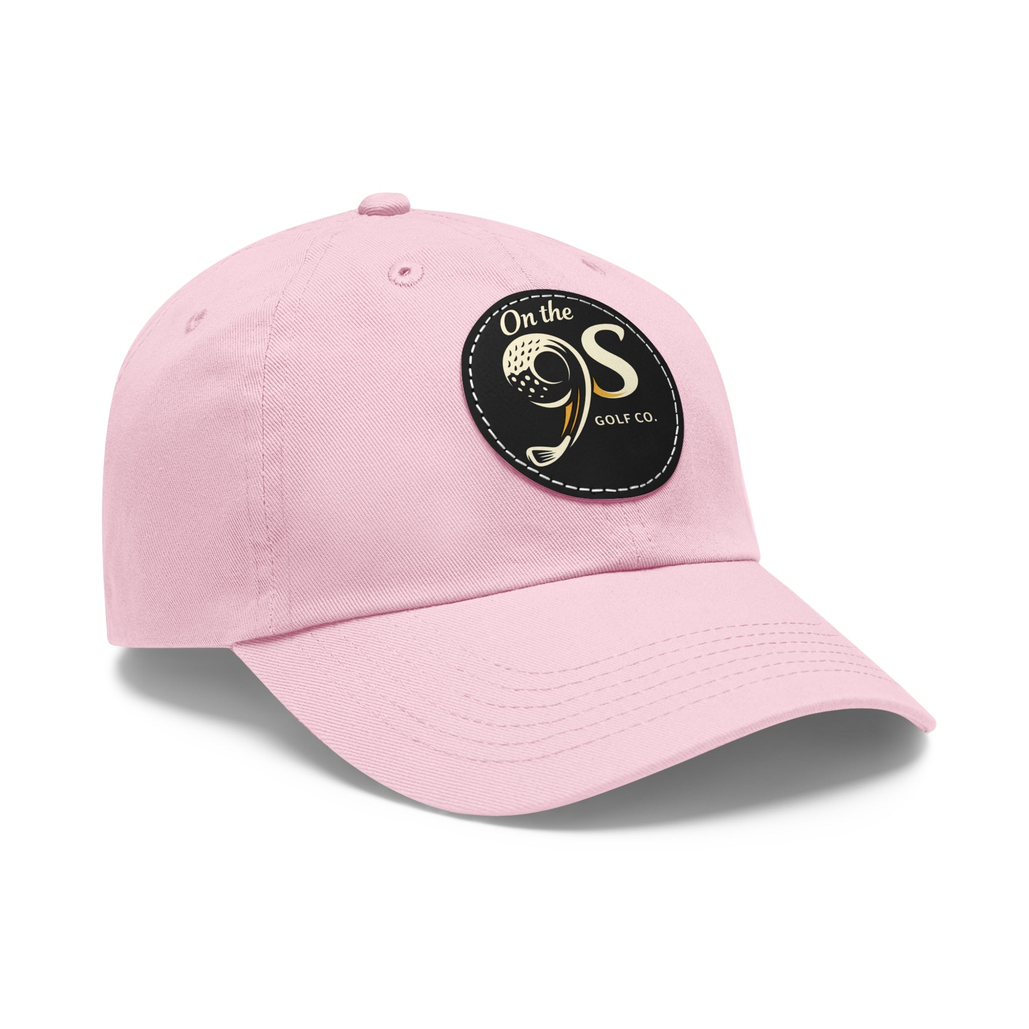 Golf Dad Hat with Round Leather Patch — "On the 9s" Vintage Golf Logo