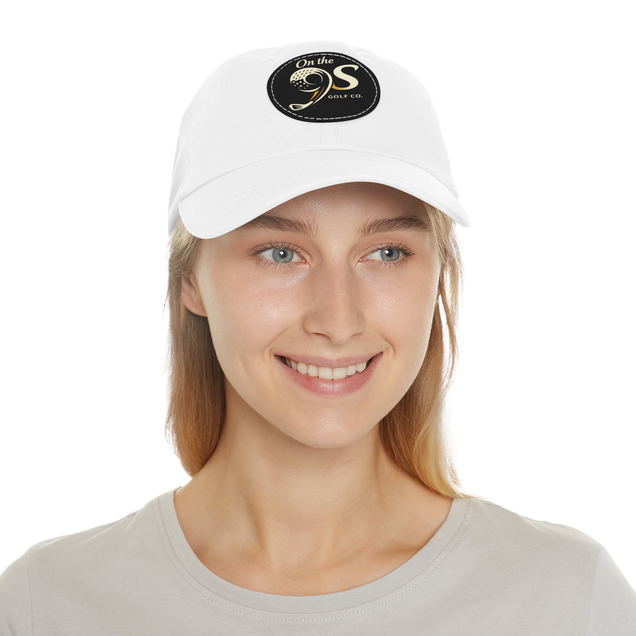 Golf Dad Hat with Round Leather Patch — "On the 9s" Vintage Golf Logo