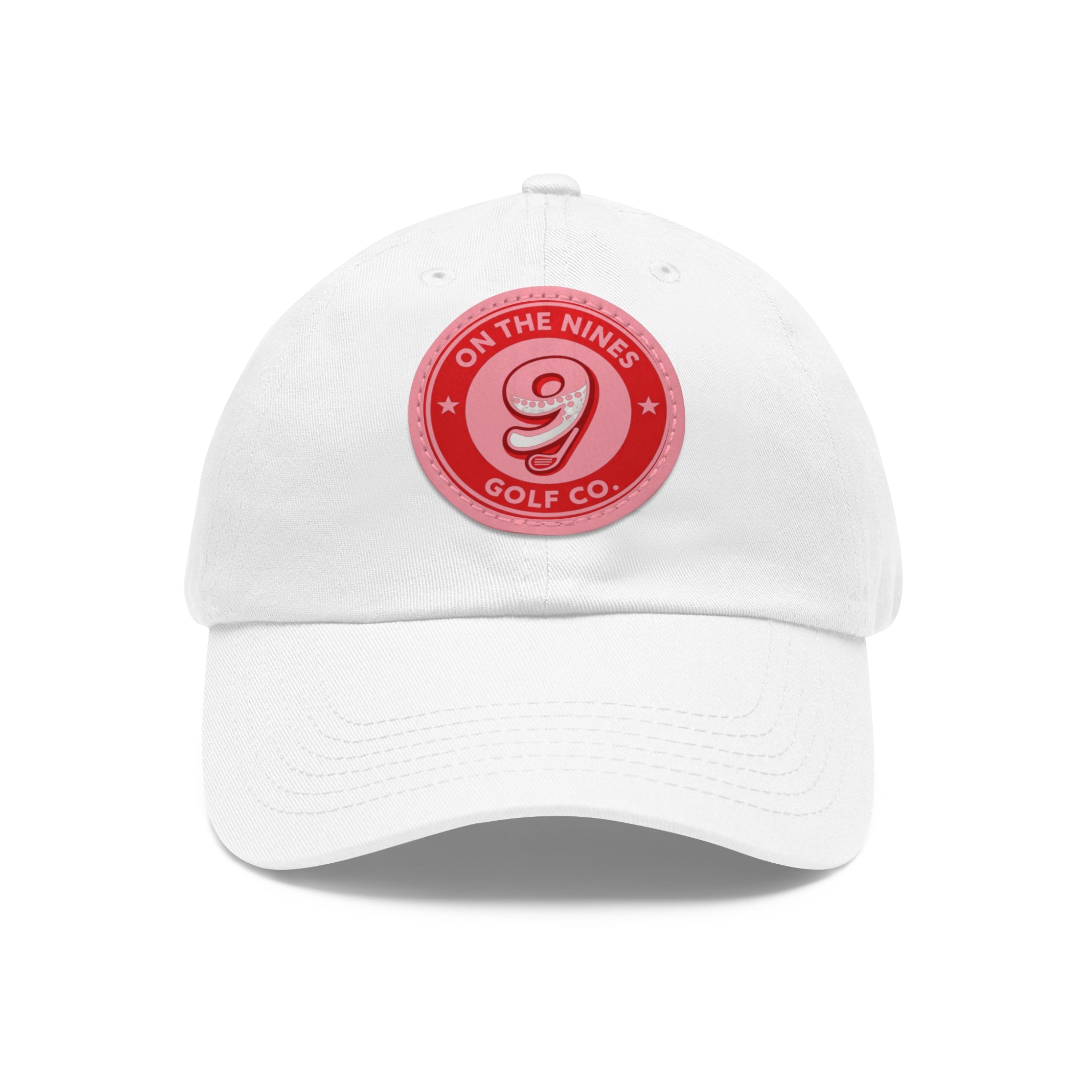 Golf Dad Hat with Red Leather Patch — "On The Nines" Logo Cap