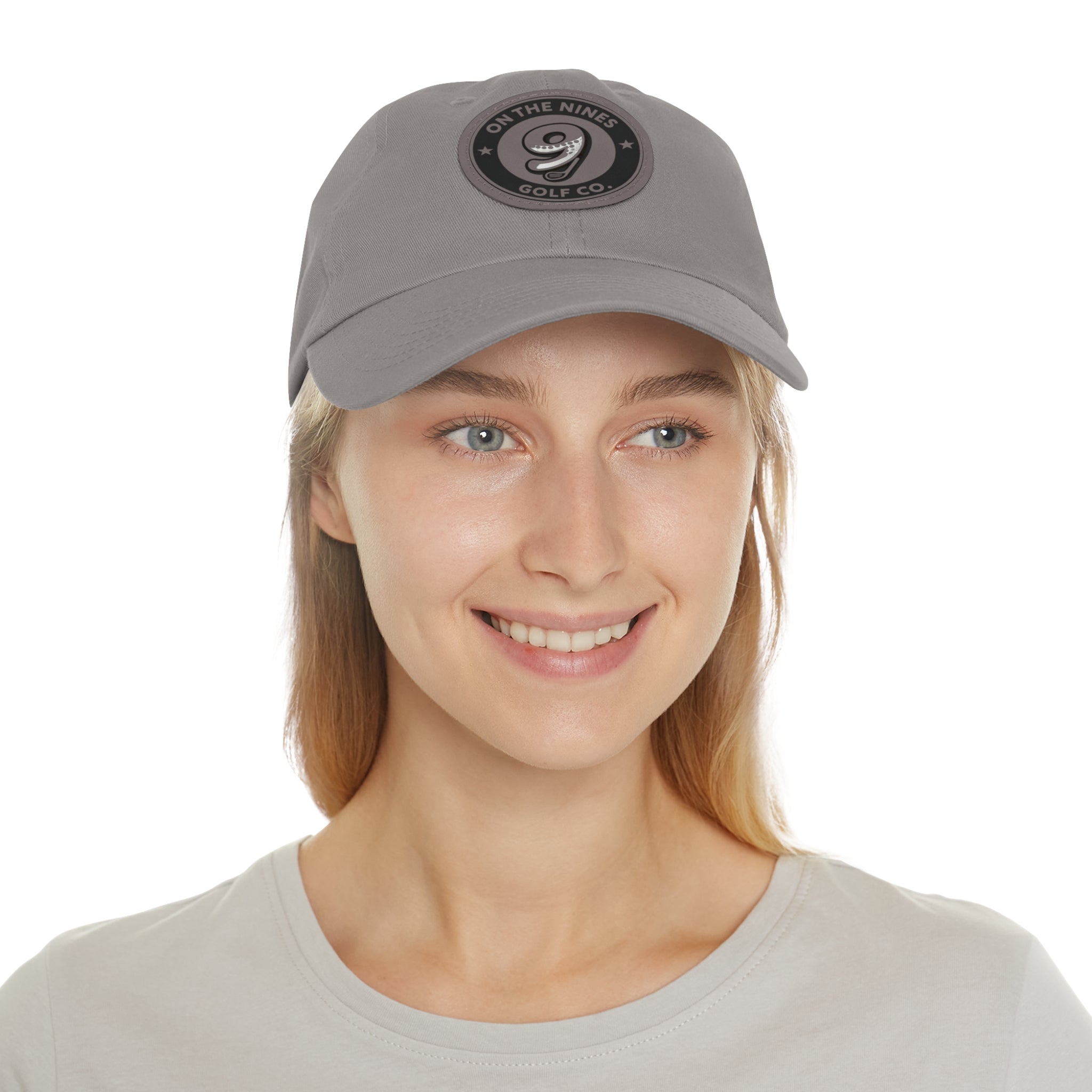 Golf Leather Patch Dad Hat — "On The Nines" Round Logo