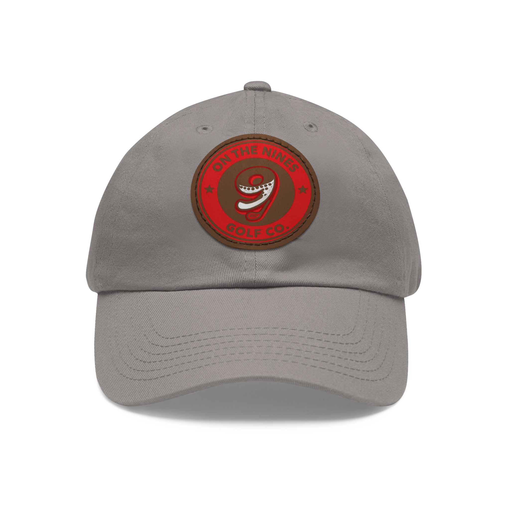 Golf Dad Hat with Red Leather Patch — "On The Nines" Logo Cap