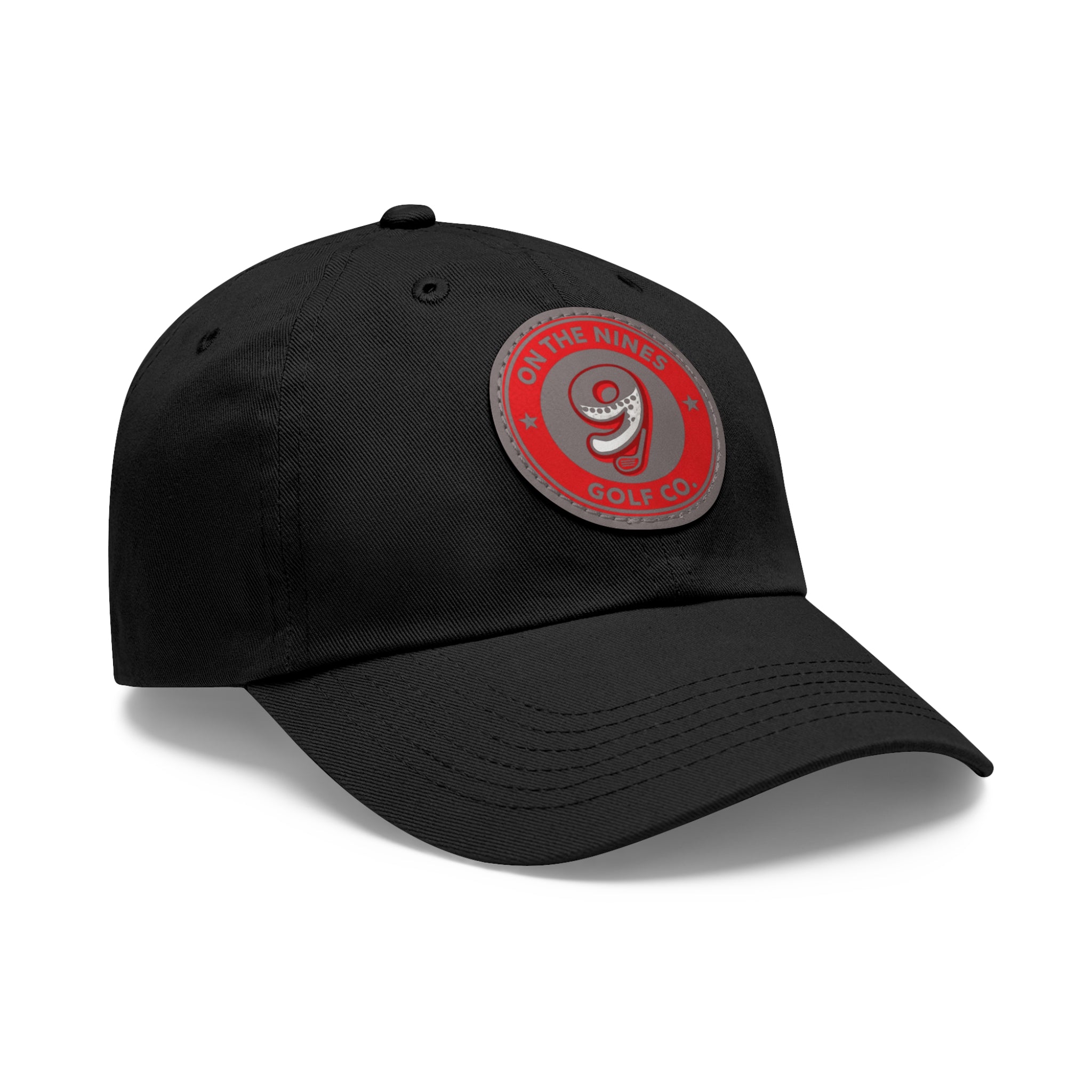Golf Dad Hat with Red Leather Patch — "On The Nines" Logo Cap