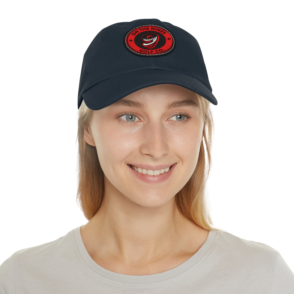 Golf Dad Hat with Red Leather Patch — "On The Nines" Logo Cap
