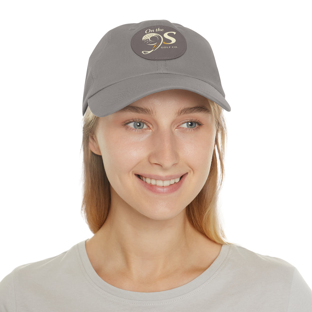 Golf Dad Hat with Round Leather Patch — "On the 9s" Vintage Golf Logo
