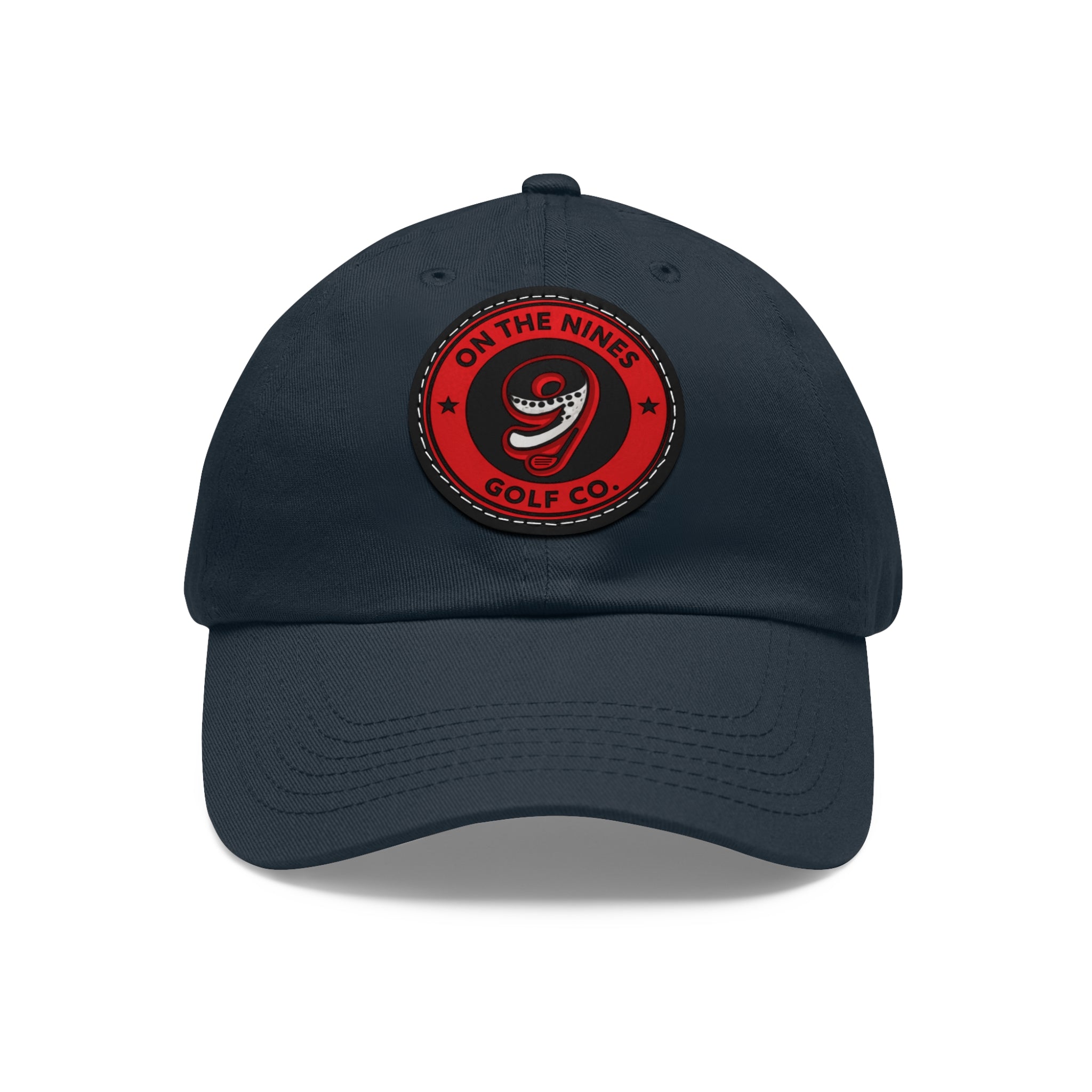 Golf Dad Hat with Red Leather Patch — "On The Nines" Logo Cap