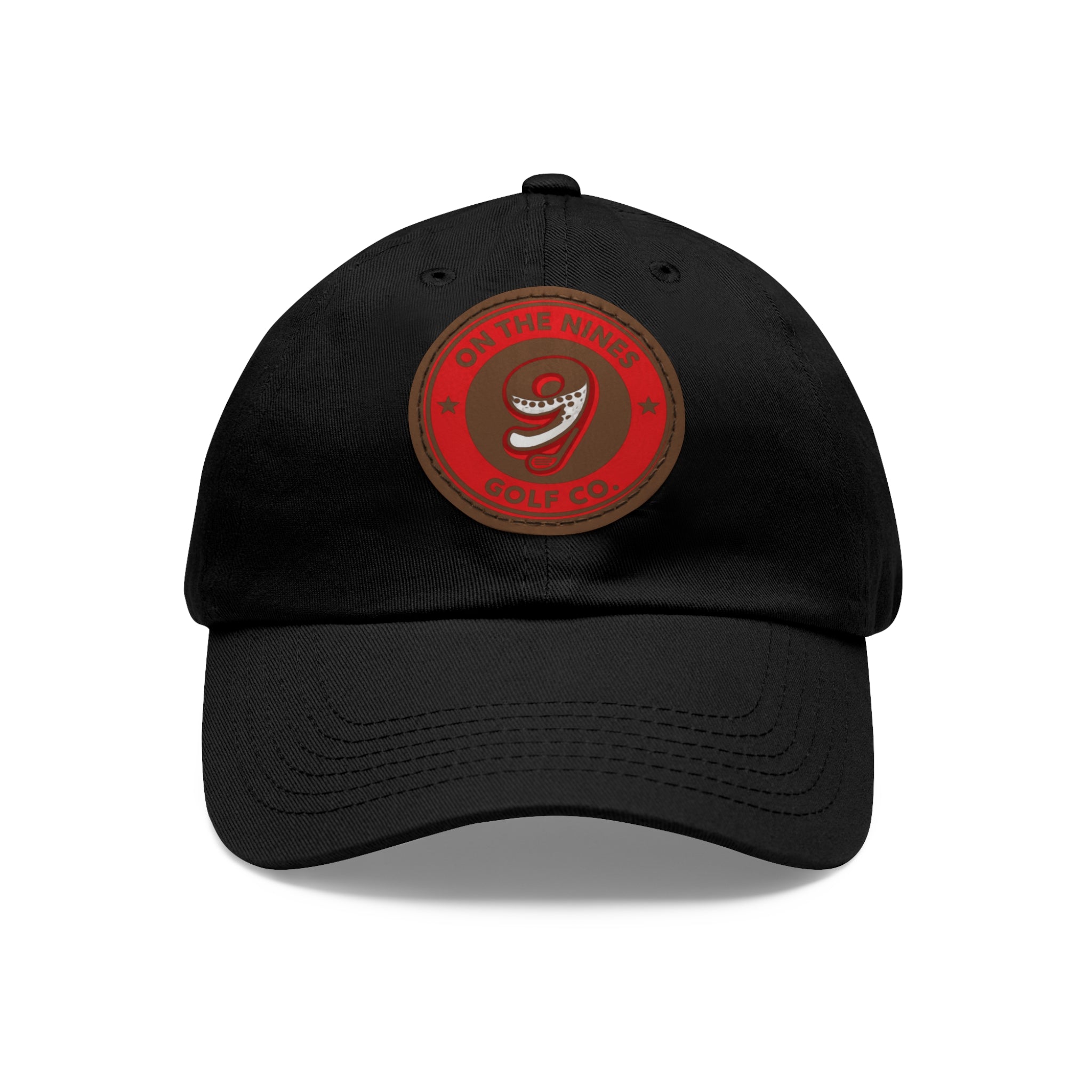Golf Dad Hat with Red Leather Patch — "On The Nines" Logo Cap