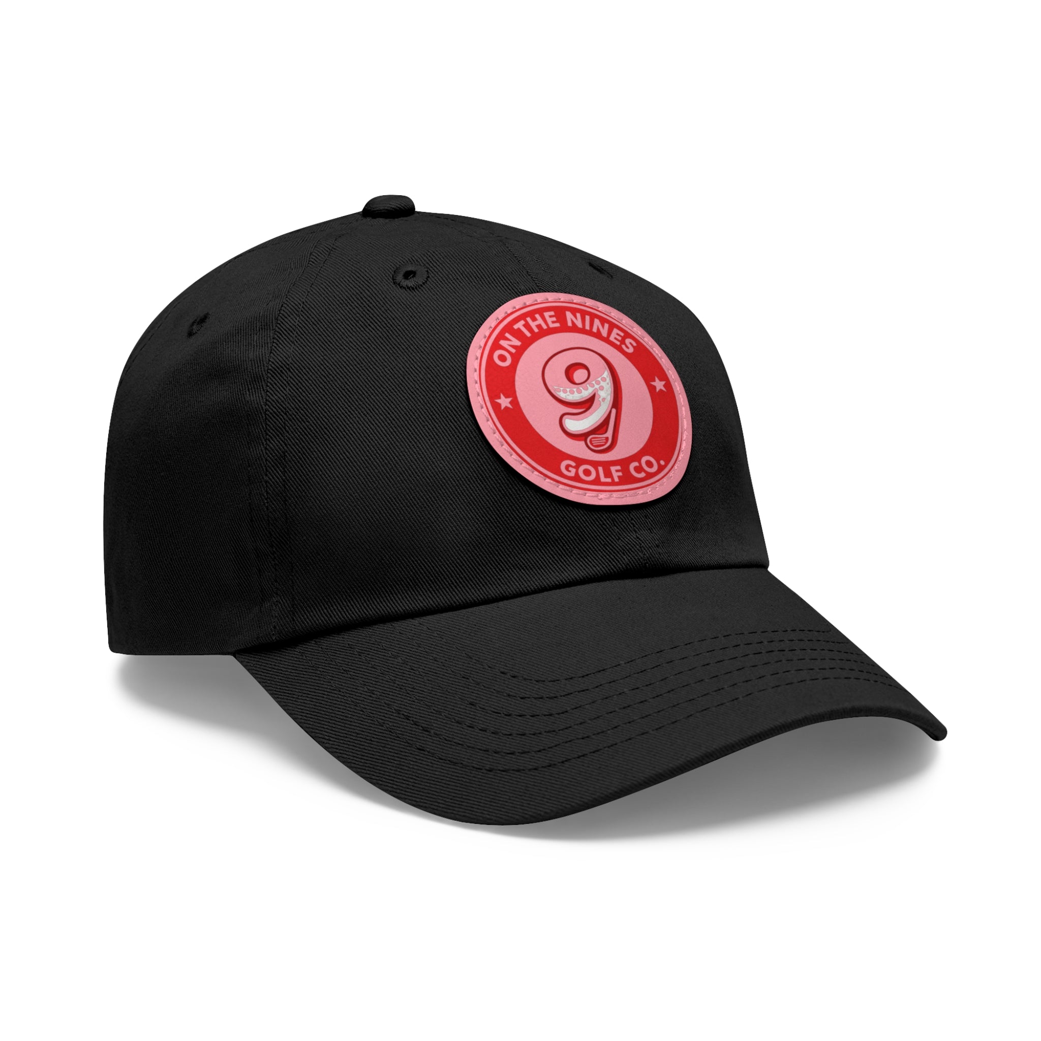 Golf Dad Hat with Red Leather Patch — "On The Nines" Logo Cap