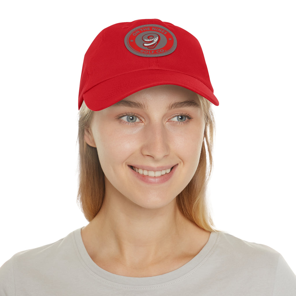 Golf Dad Hat with Red Leather Patch — "On The Nines" Logo Cap