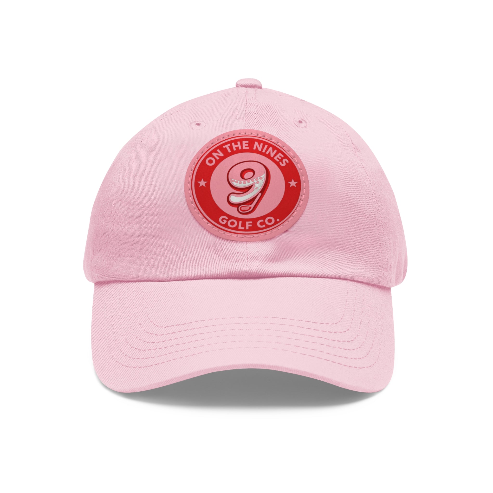 Golf Dad Hat with Red Leather Patch — "On The Nines" Logo Cap