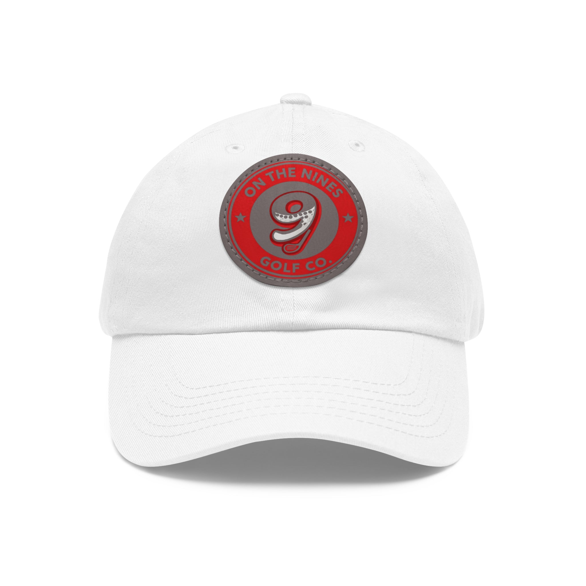 Golf Dad Hat with Red Leather Patch — "On The Nines" Logo Cap