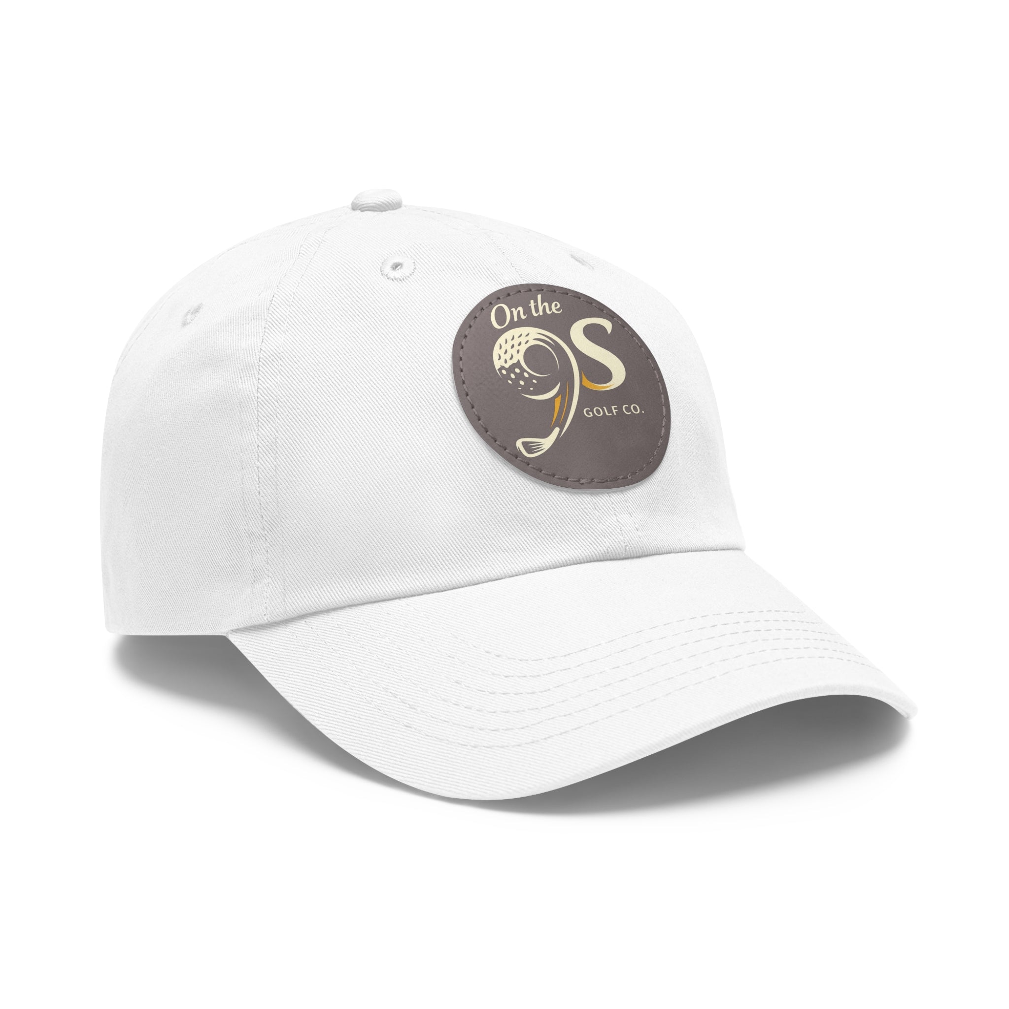 Golf Dad Hat with Round Leather Patch — "On the 9s" Vintage Golf Logo