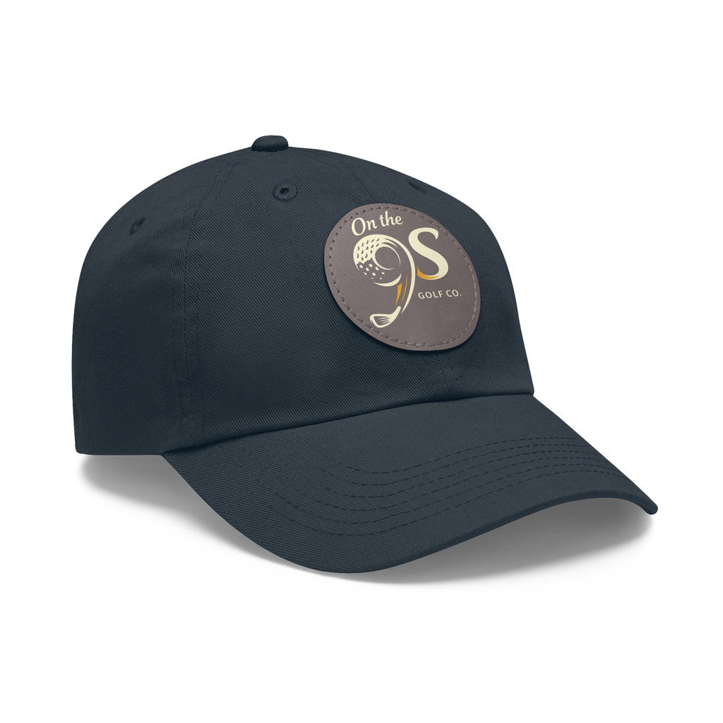 Golf Dad Hat with Round Leather Patch — "On the 9s" Vintage Golf Logo