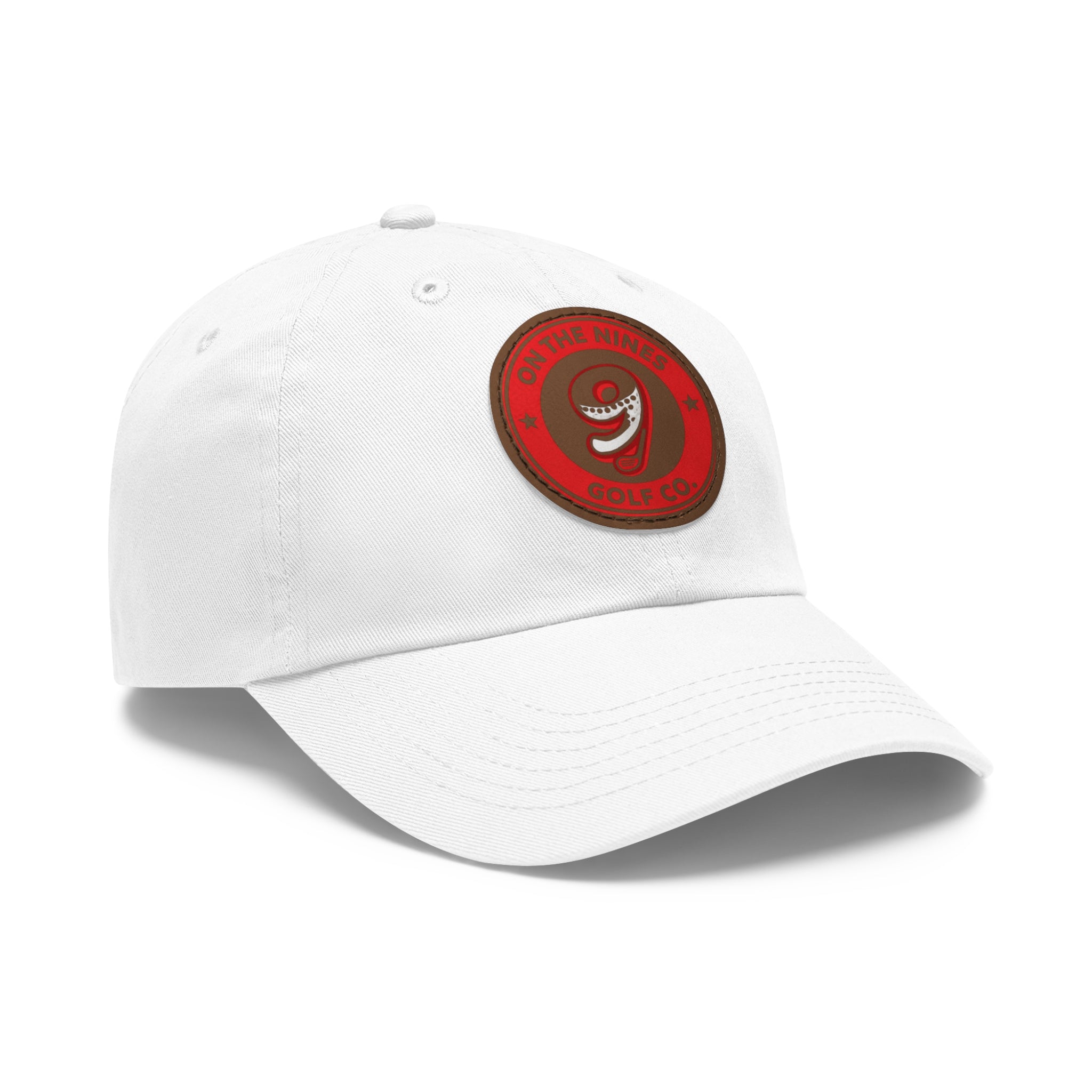 Golf Dad Hat with Red Leather Patch — "On The Nines" Logo Cap