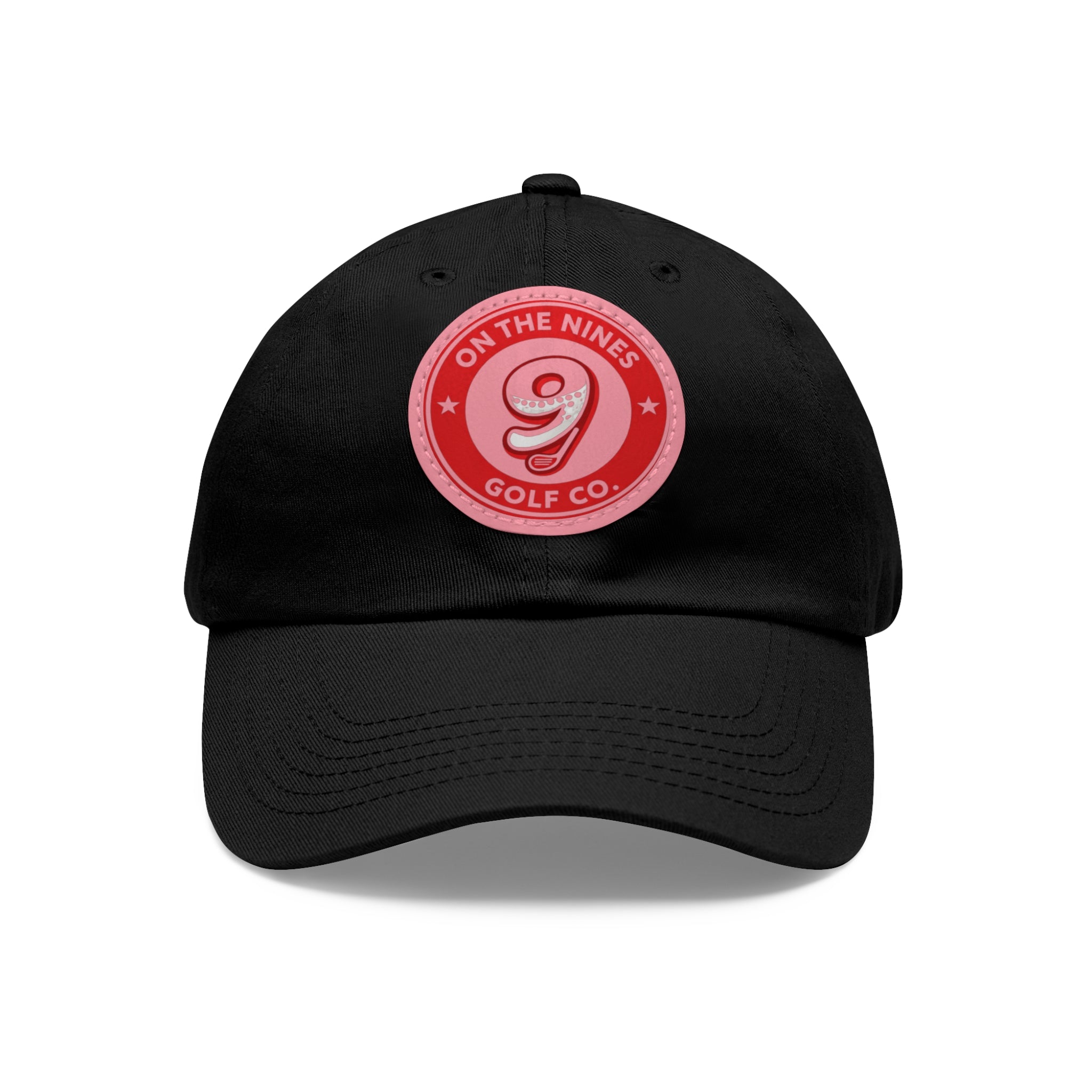 Golf Dad Hat with Red Leather Patch — "On The Nines" Logo Cap