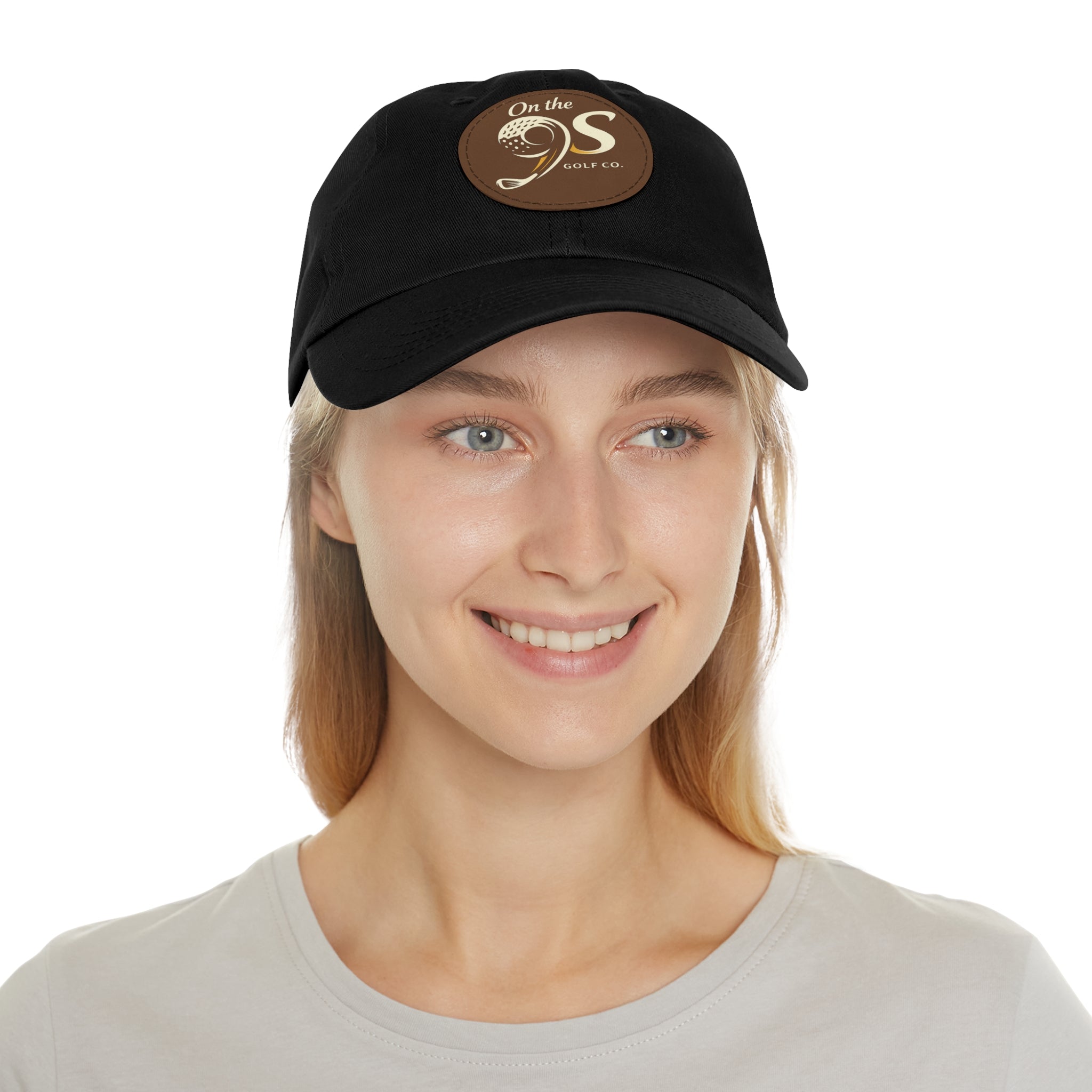Golf Dad Hat with Round Leather Patch — "On the 9s" Vintage Golf Logo