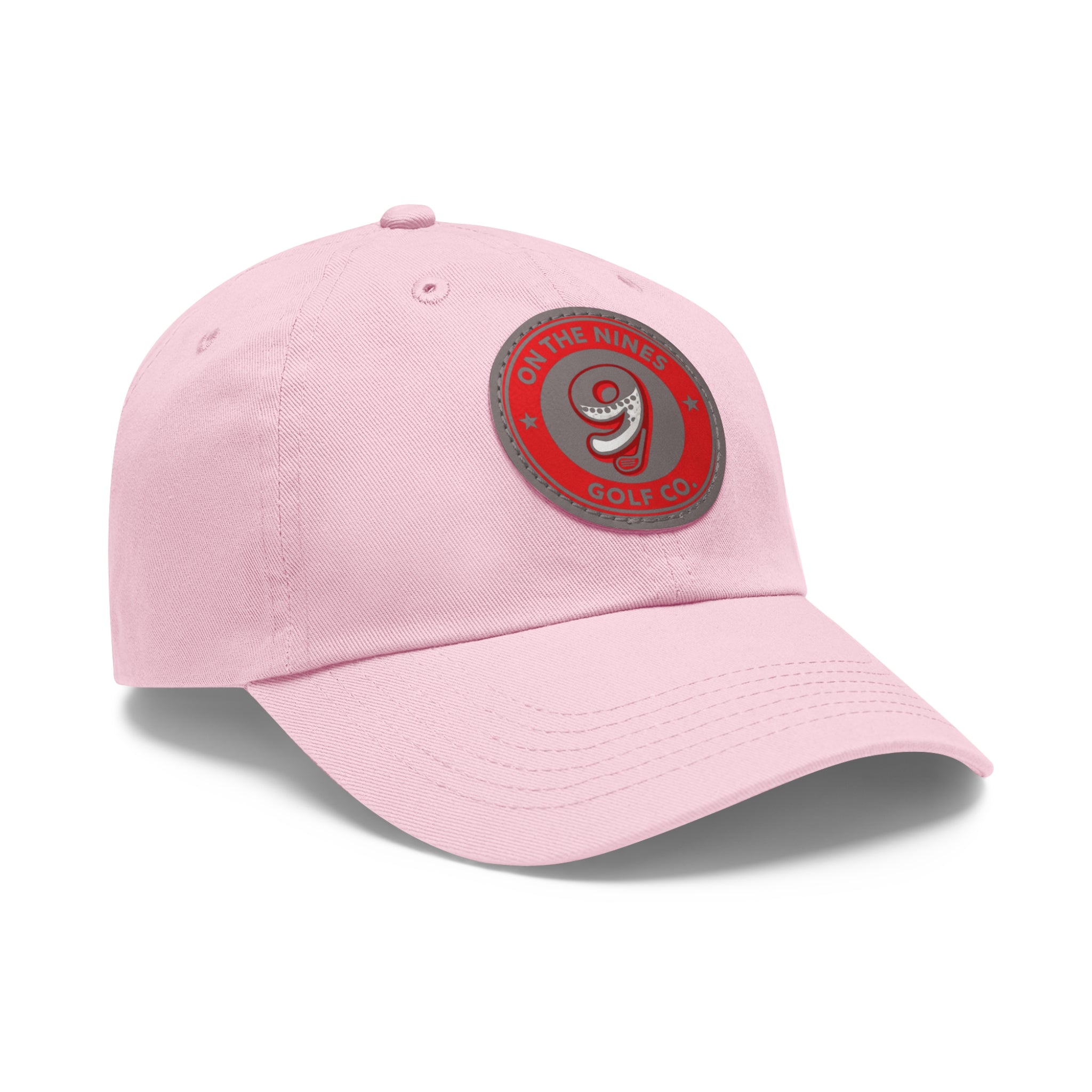 Golf Dad Hat with Red Leather Patch — "On The Nines" Logo Cap