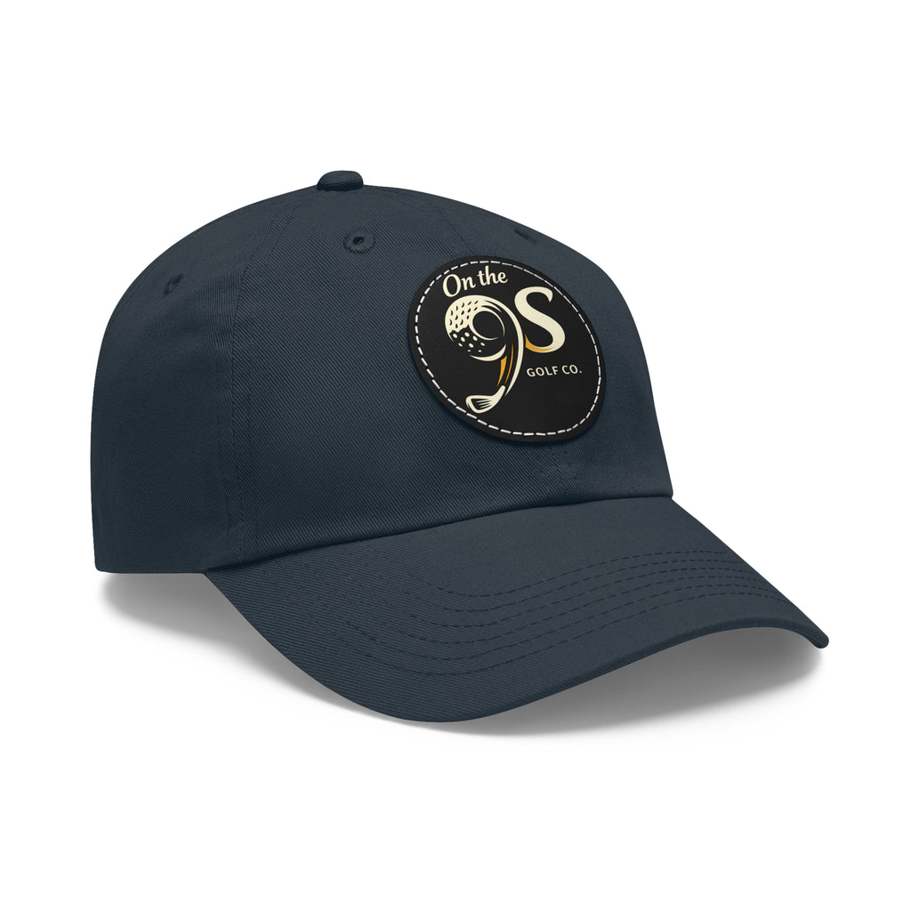 Golf Dad Hat with Round Leather Patch — "On the 9s" Vintage Golf Logo