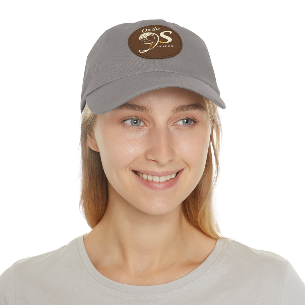 Golf Dad Hat with Round Leather Patch — "On the 9s" Vintage Golf Logo