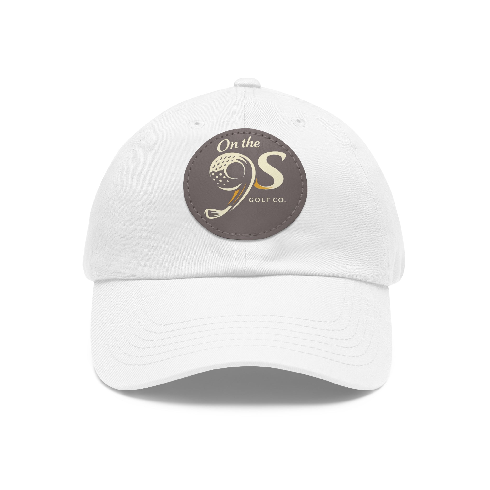 Golf Dad Hat with Round Leather Patch — "On the 9s" Vintage Golf Logo