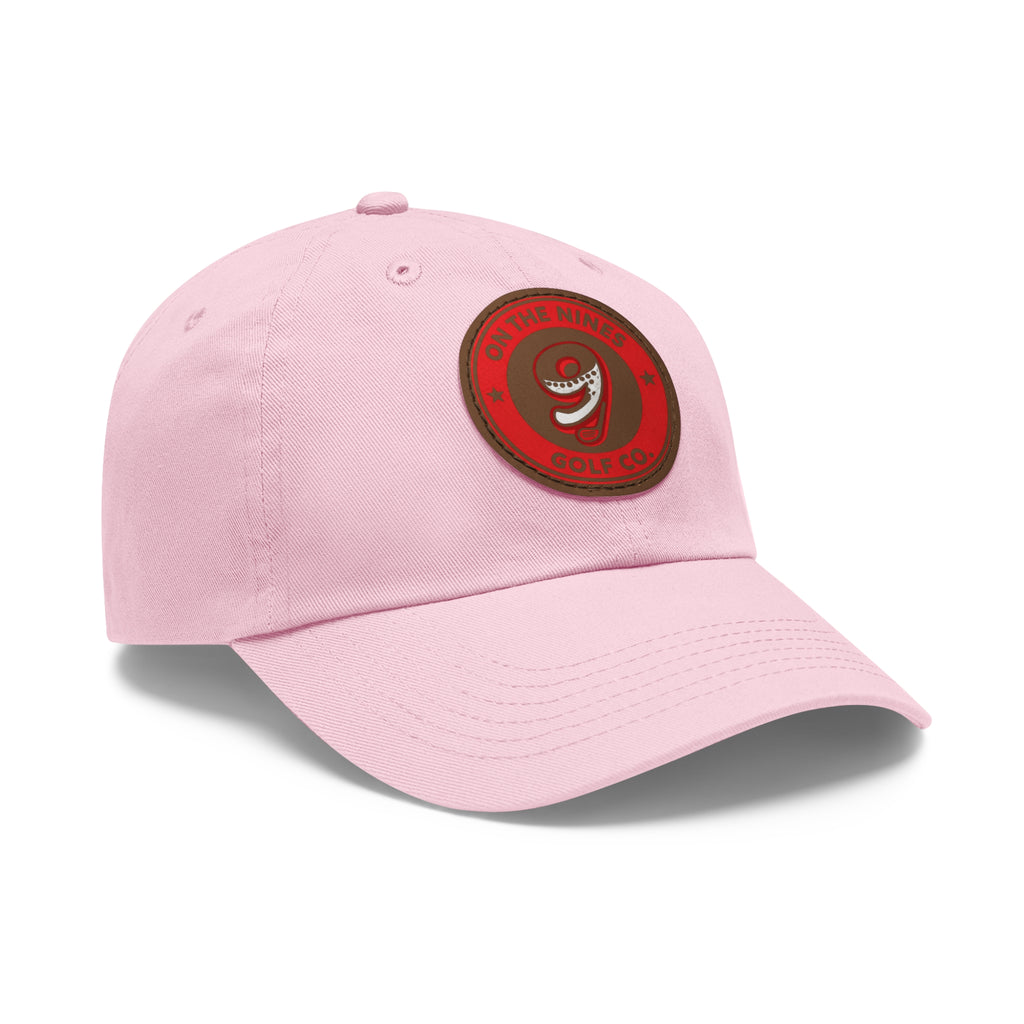 Golf Dad Hat with Red Leather Patch — "On The Nines" Logo Cap