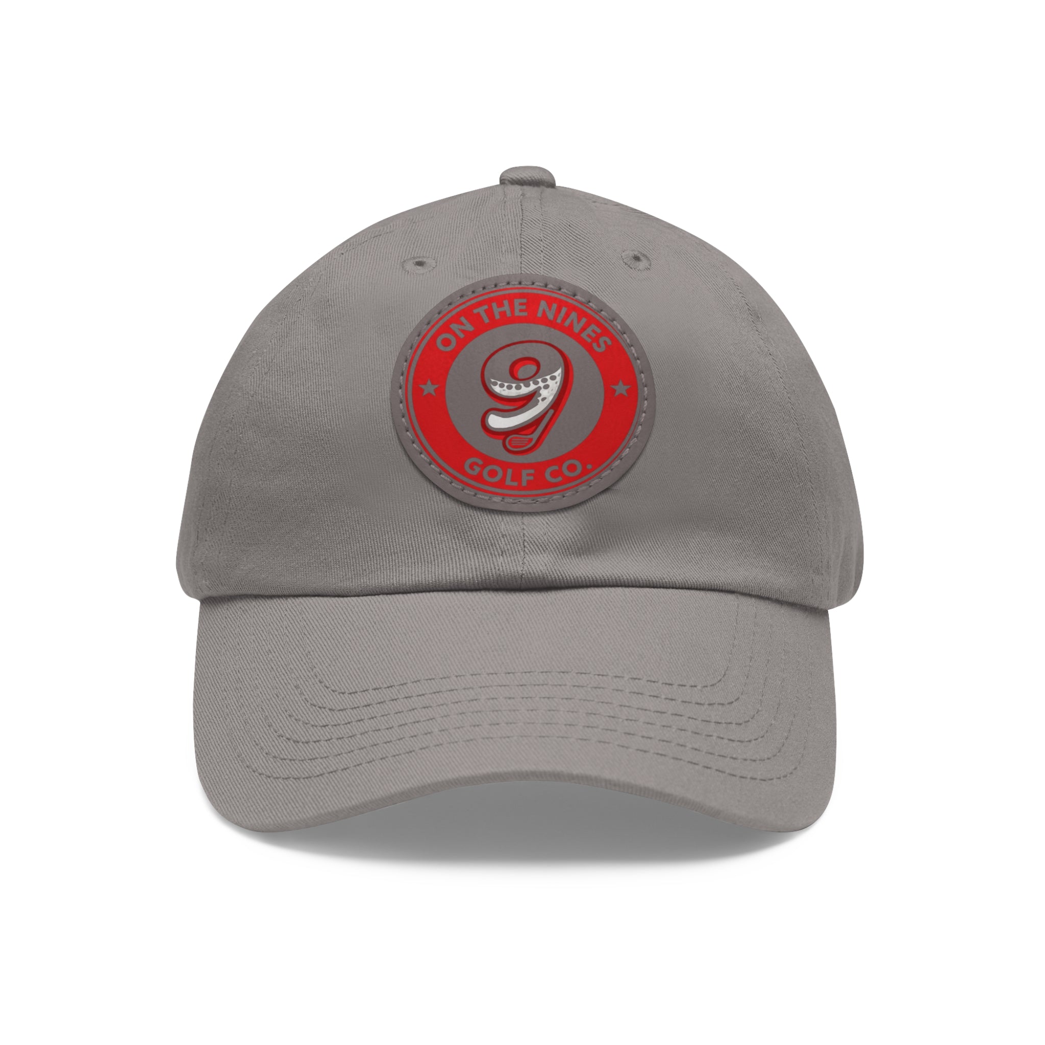 Golf Dad Hat with Red Leather Patch — "On The Nines" Logo Cap