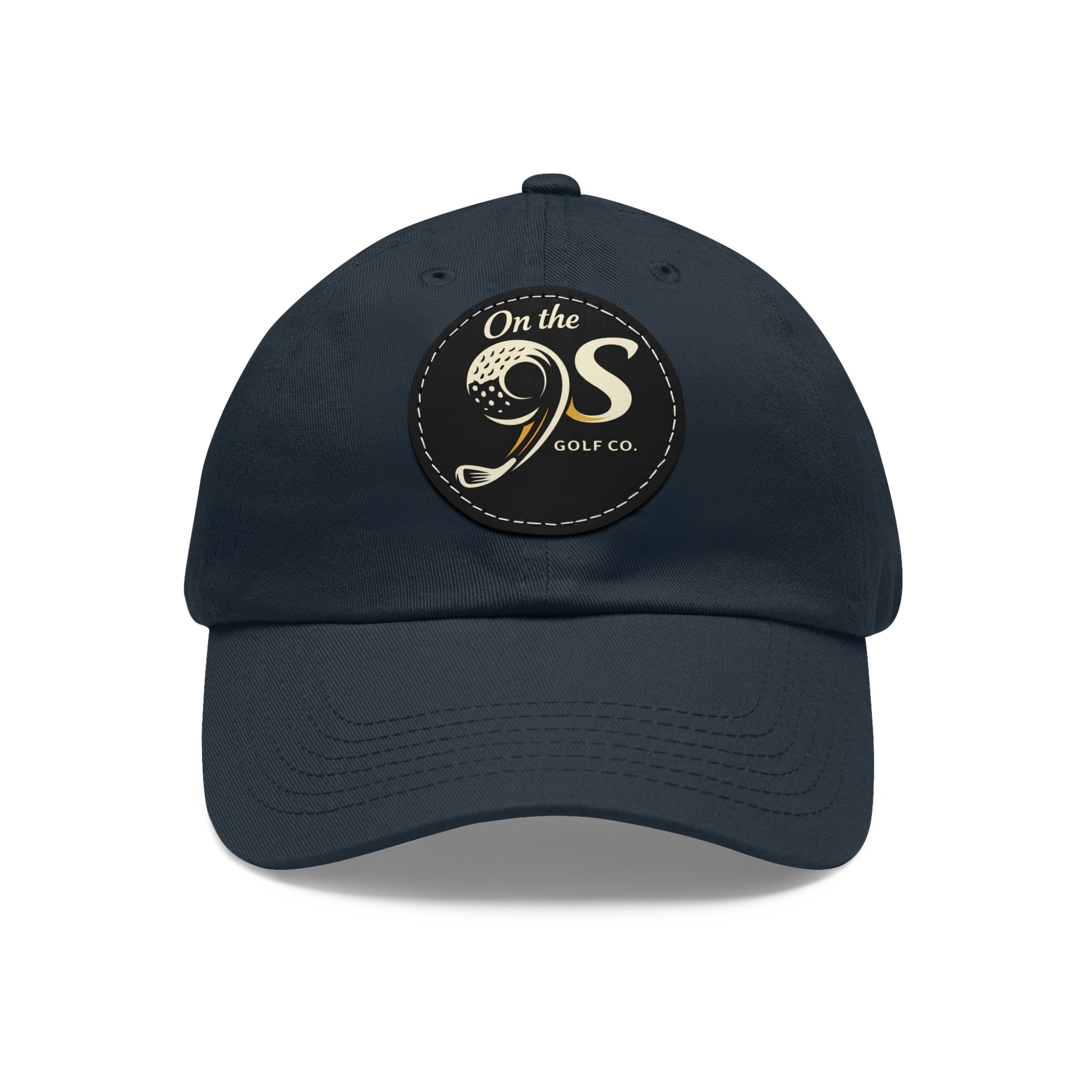 Golf Dad Hat with Round Leather Patch — "On the 9s" Vintage Golf Logo