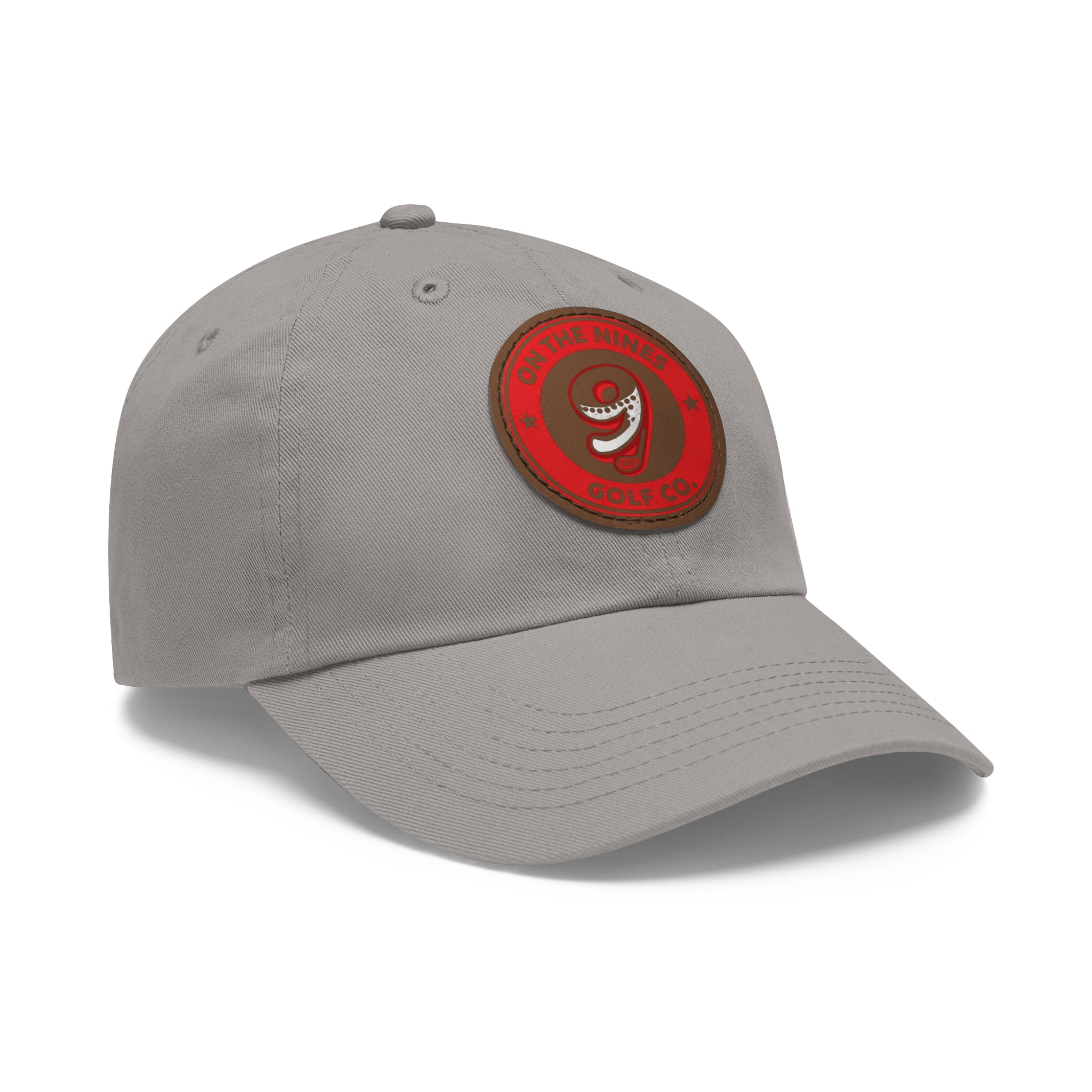 Golf Dad Hat with Red Leather Patch — "On The Nines" Logo Cap