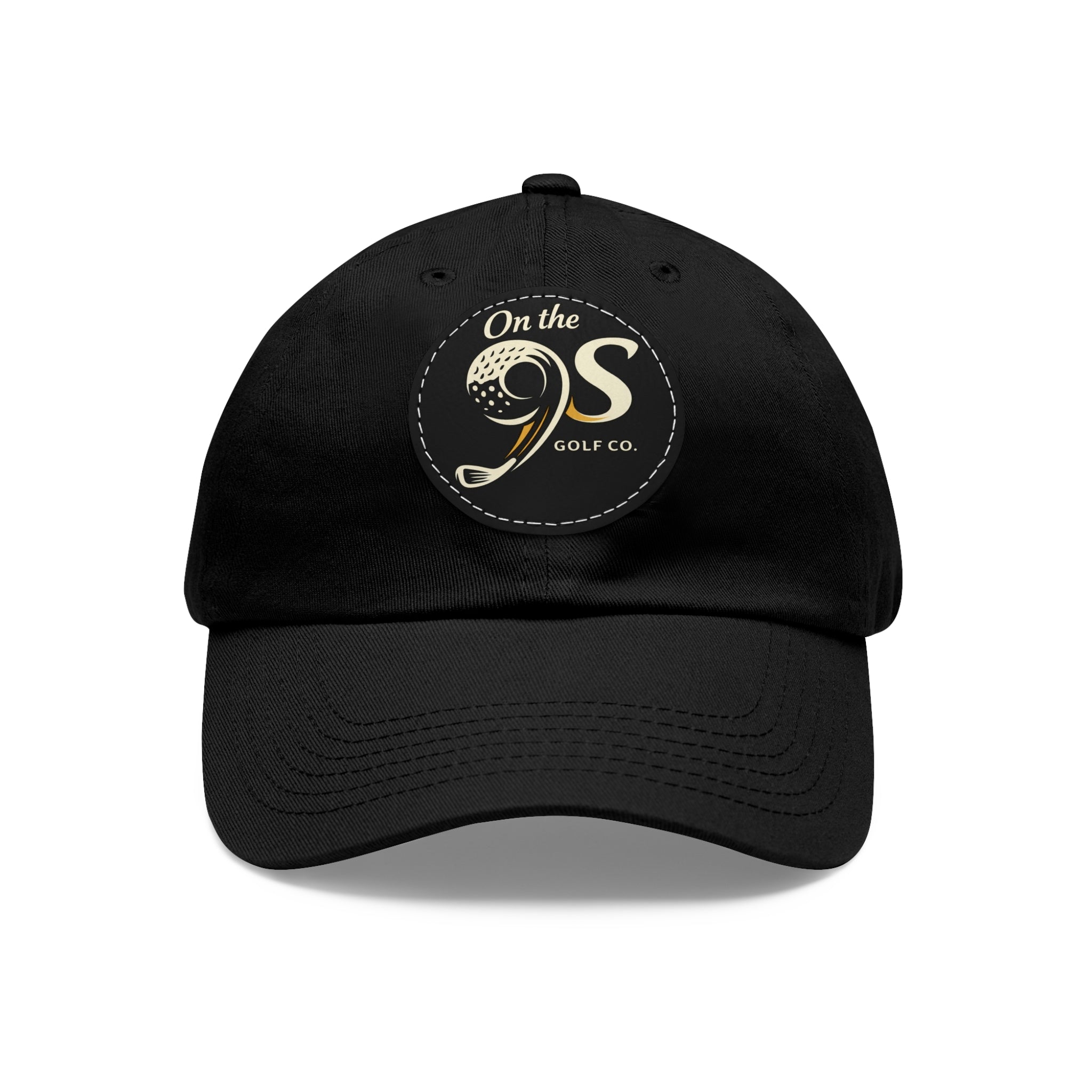 Golf Dad Hat with Round Leather Patch — "On the 9s" Vintage Golf Logo