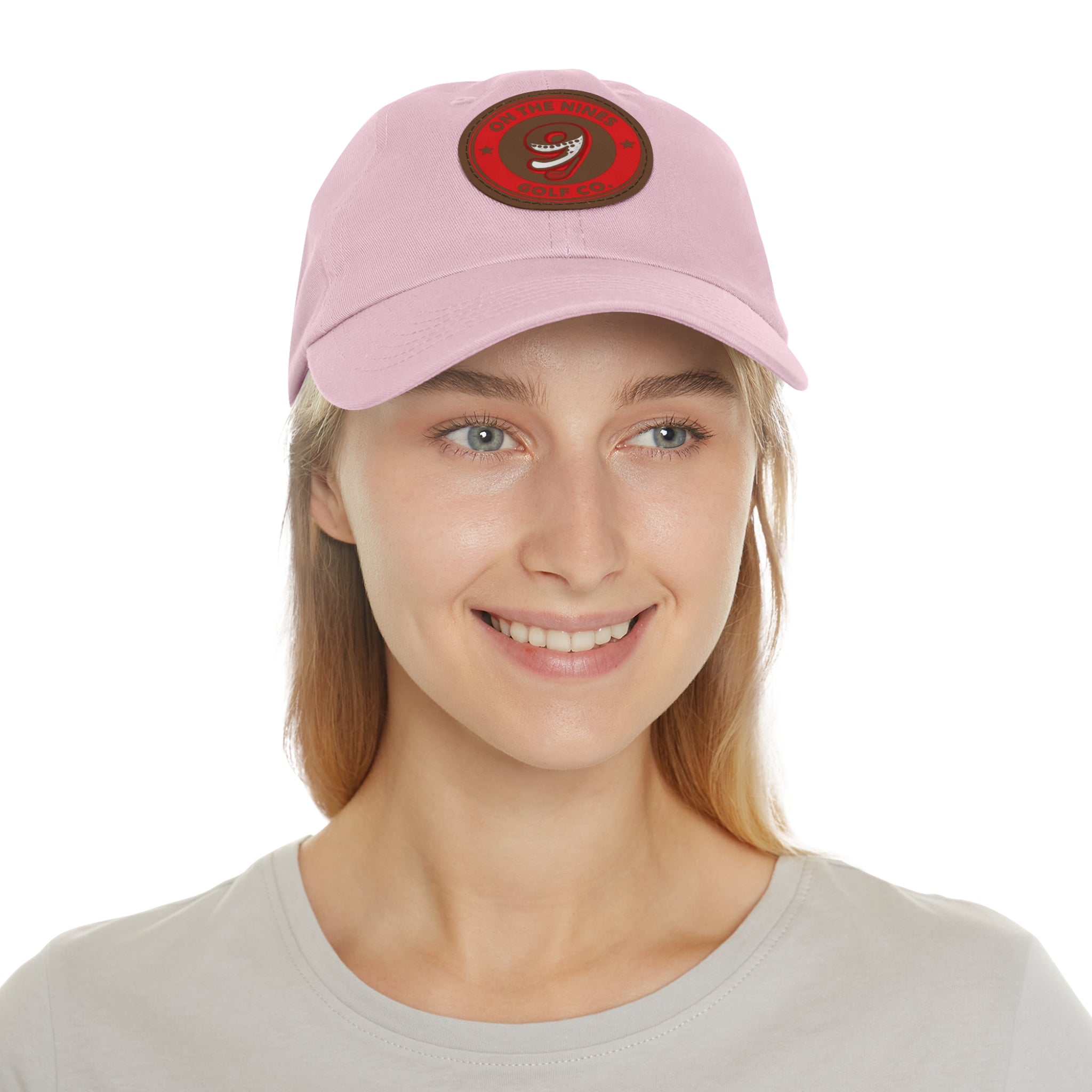 Golf Dad Hat with Red Leather Patch — "On The Nines" Logo Cap