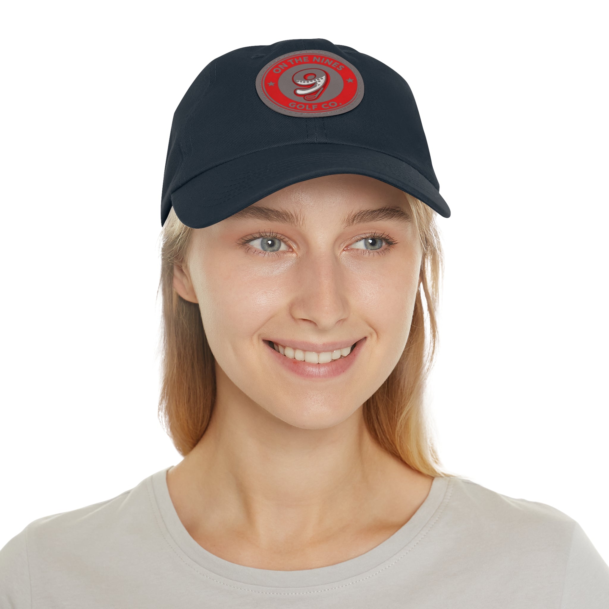 Golf Dad Hat with Red Leather Patch — "On The Nines" Logo Cap