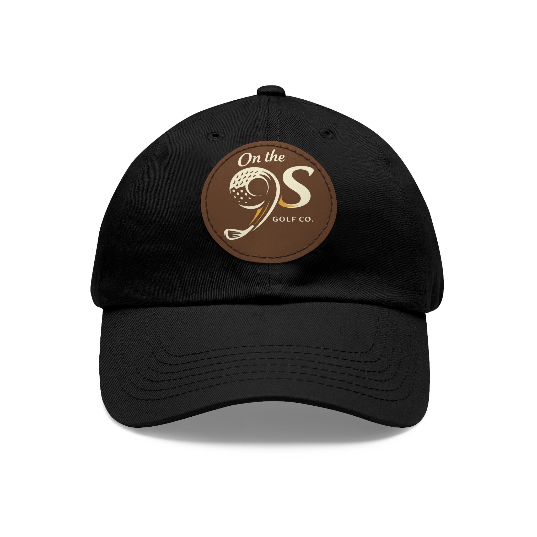 Golf Dad Hat with Round Leather Patch — "On the 9s" Vintage Golf Logo