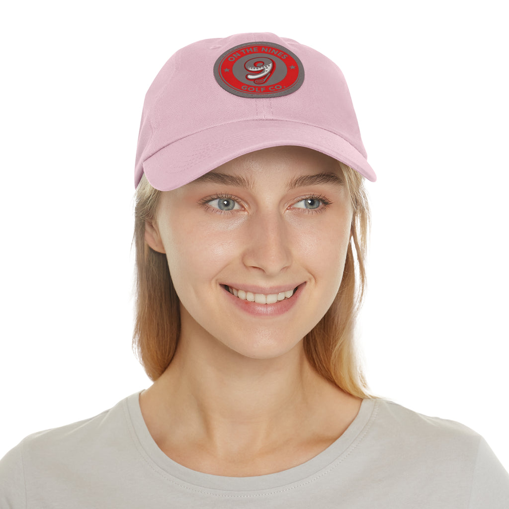 Golf Dad Hat with Red Leather Patch — "On The Nines" Logo Cap