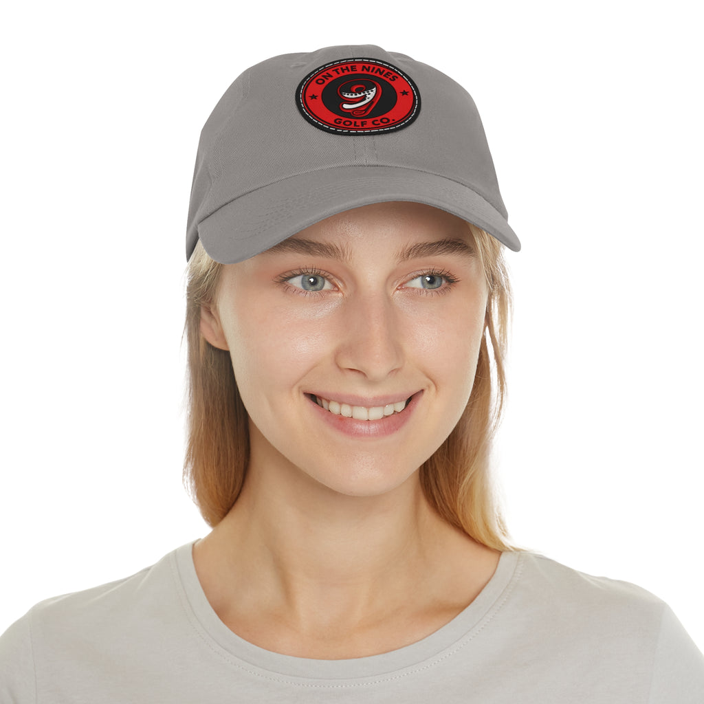 Golf Dad Hat with Red Leather Patch — "On The Nines" Logo Cap